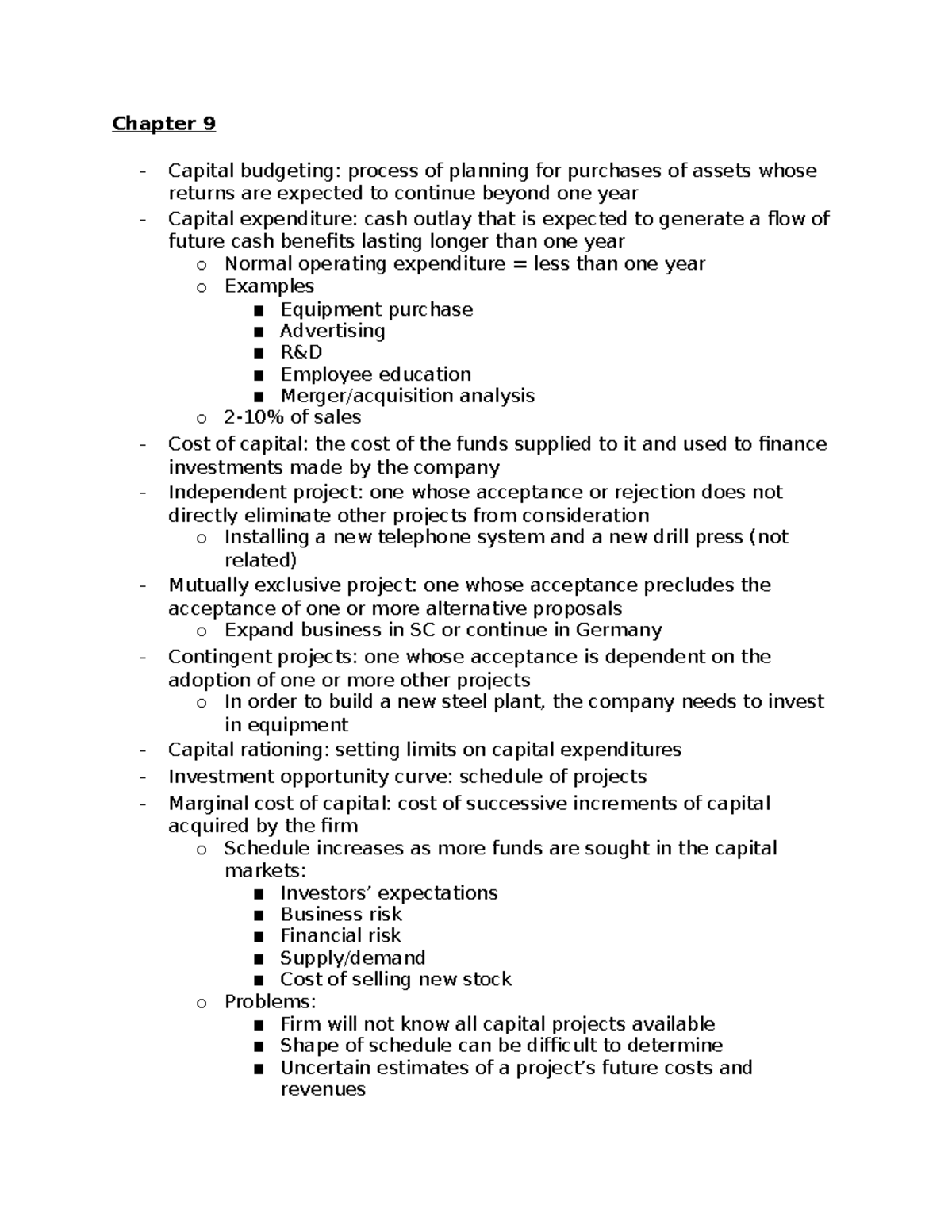 FIN 3110 Chapters 9-11 - Chapter 9 Capital budgeting: process of ...