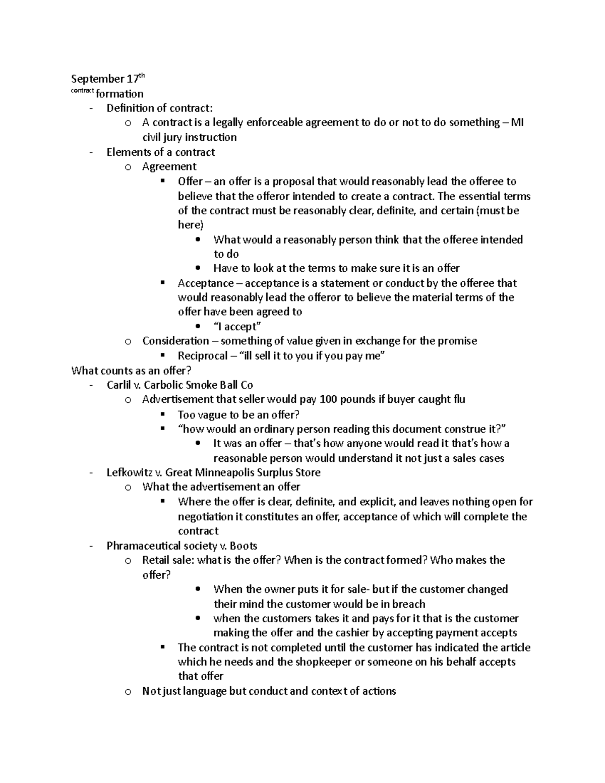 September 17th Lecture Notes 2 September 17th Contract Formation