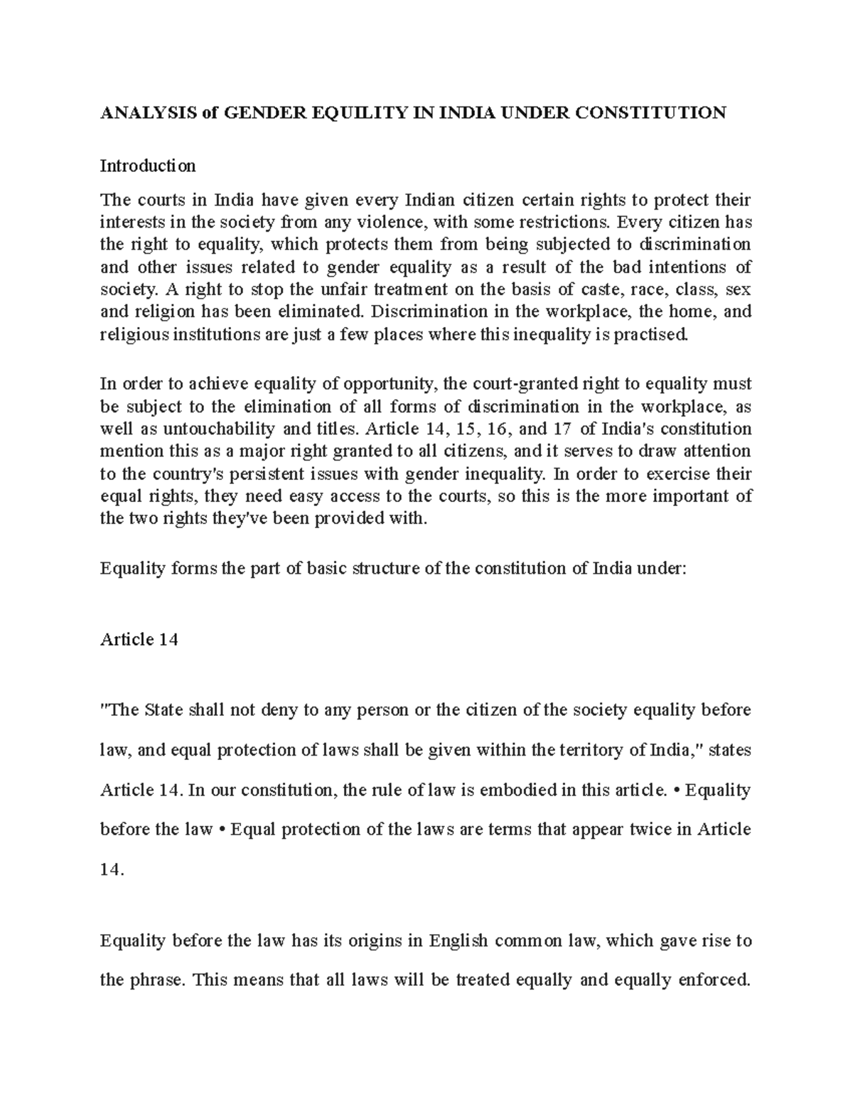 Analysis Of Gender Equility IN India Under Constitution - ANALYSIS of ...