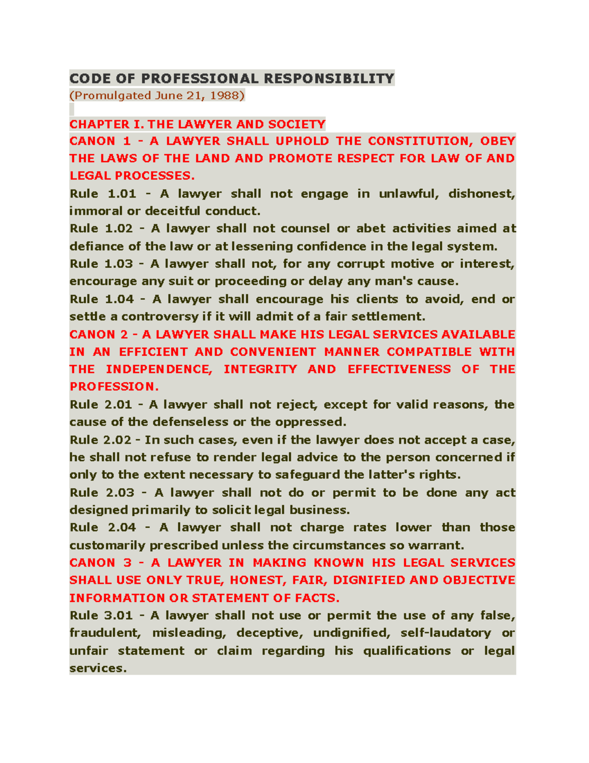 Code of Professional Responsibility CODE OF PROFESSIONAL