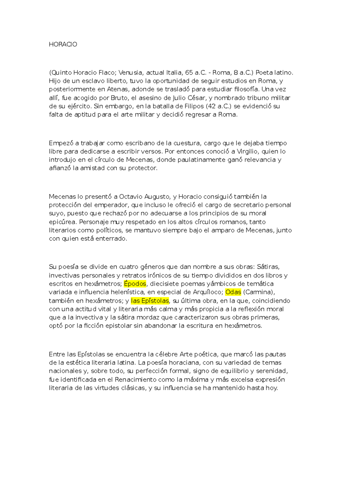 VIDA Y Obras DE Horacio Latin HORACIO (Quinto Horacio Flaco; Venusia
