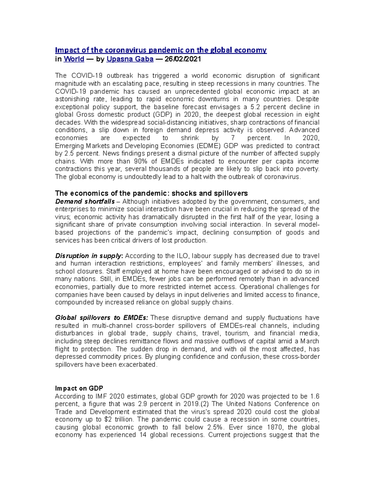 Impact of the coronavirus pandemic on the global economy Recent ...