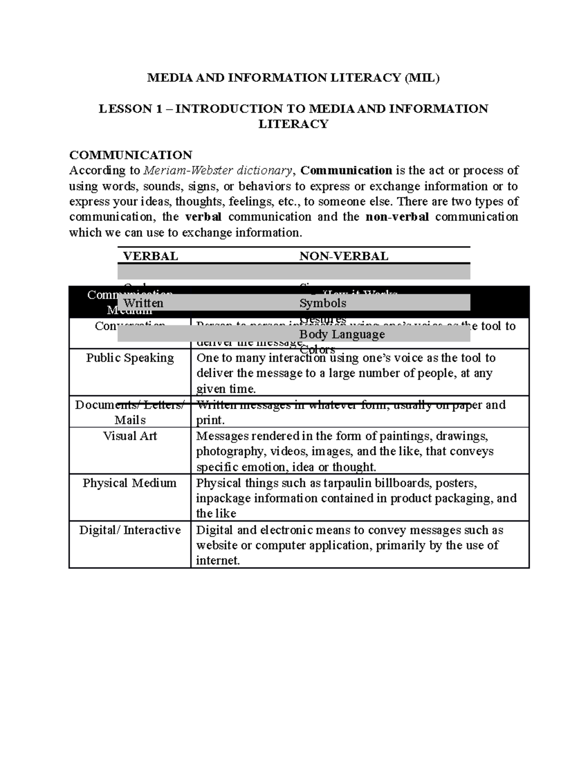 Week 1 - Media and Information Litercay - Lesson - MEDIA AND ...