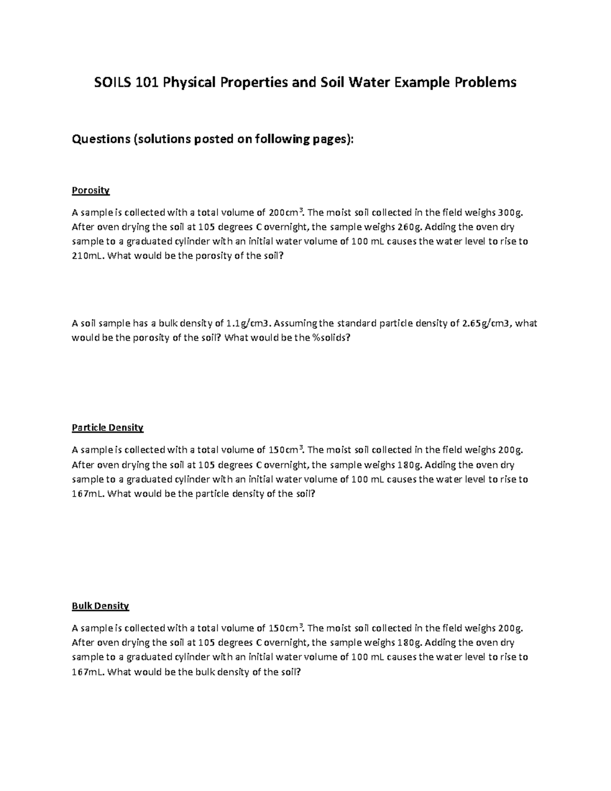SOILS 101 Physical Properties and Soil Water Example Problems The
