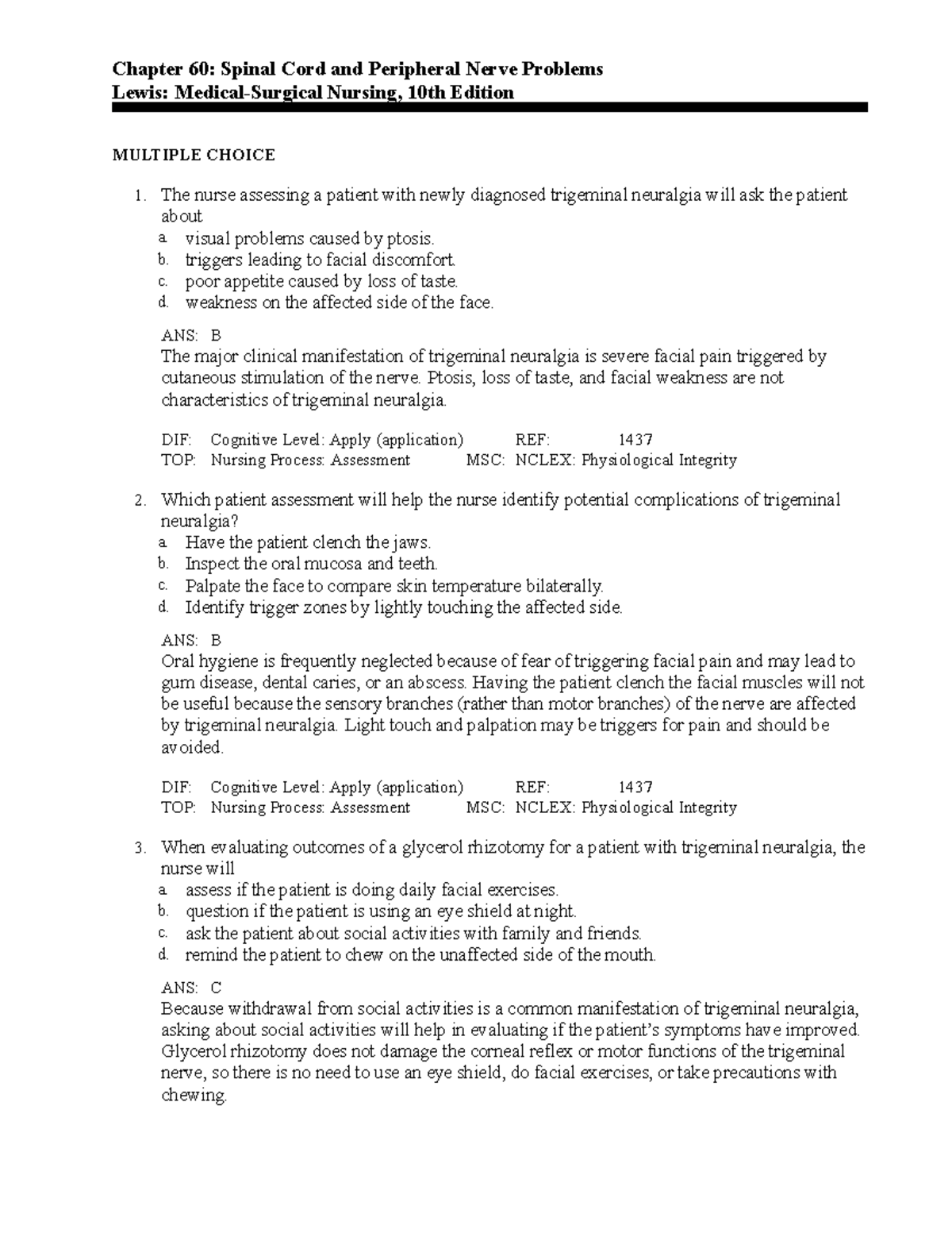 C60 Lewis MedicalSurgical Nursing Practice Questions Chapter 60