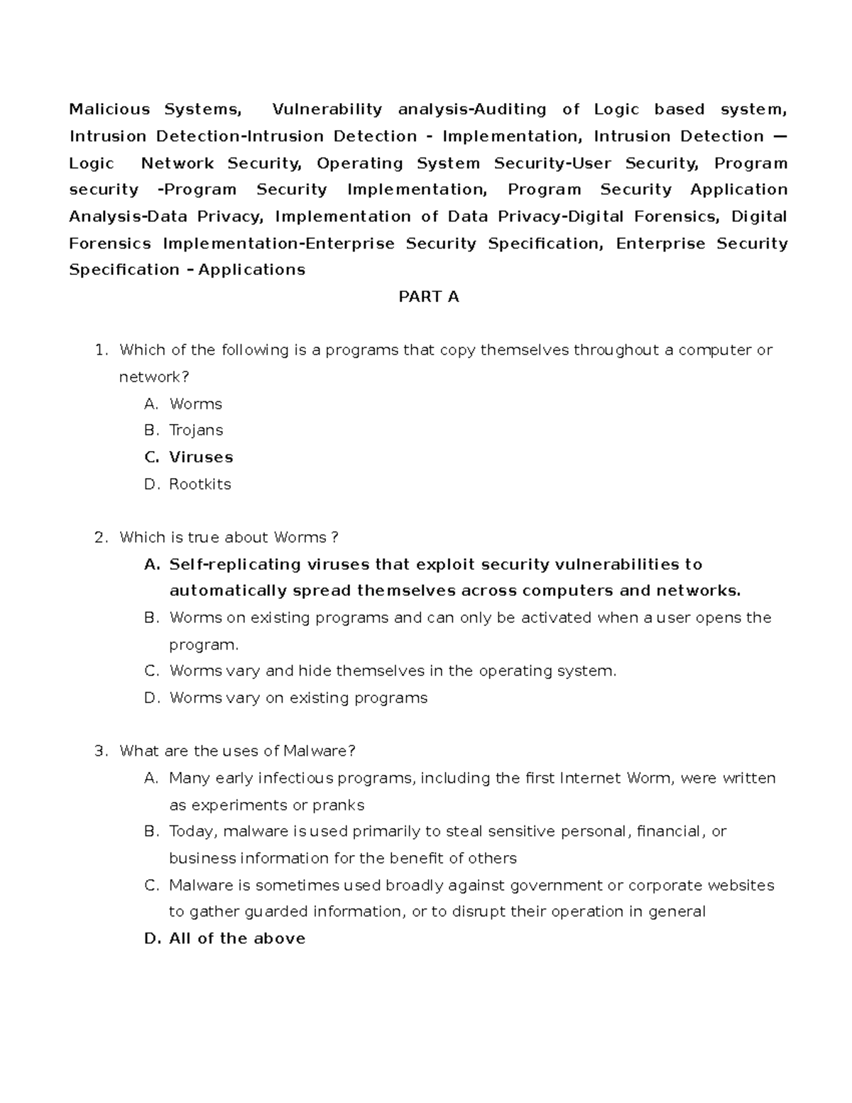 18CSC364J - Information Security MCQ UNIT 3 - Malicious Systems ...