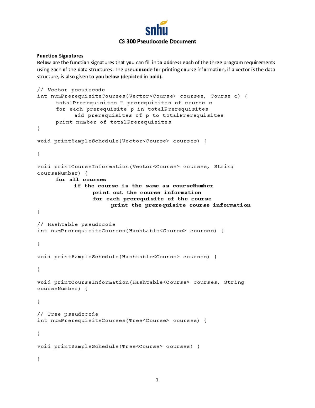 CS 300 Pseudocode Document - CS 300 Pseudocode Document Function ...