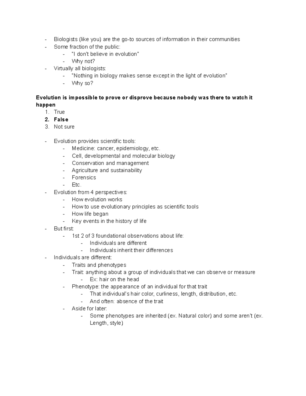 Bio 280 - 1 - lecture 1 notes and practice problems - Biologists (like