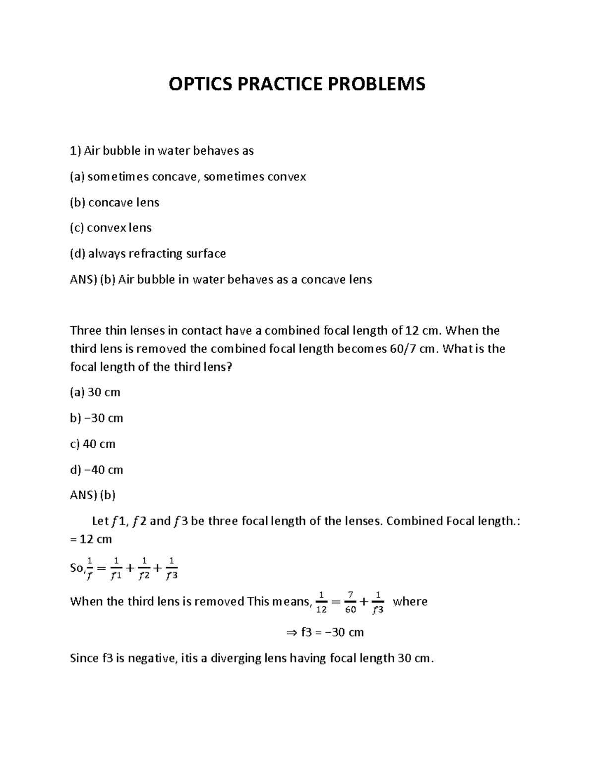 Optics Practice Problems OPTICS PRACTICE PROBLEMS Air bubble in water
