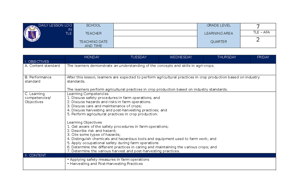 DLL IN TLE AFA 7 Q1 WEEK 2 - asas - DAILY LESSON LOG IN TLE SCHOOL ...