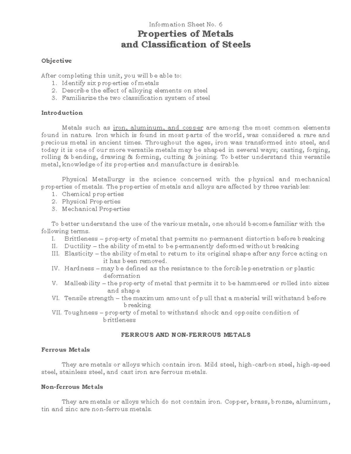 TVET 1 (Info. sheet 6) - notes - Information Sheet No. 6 Properties of ...