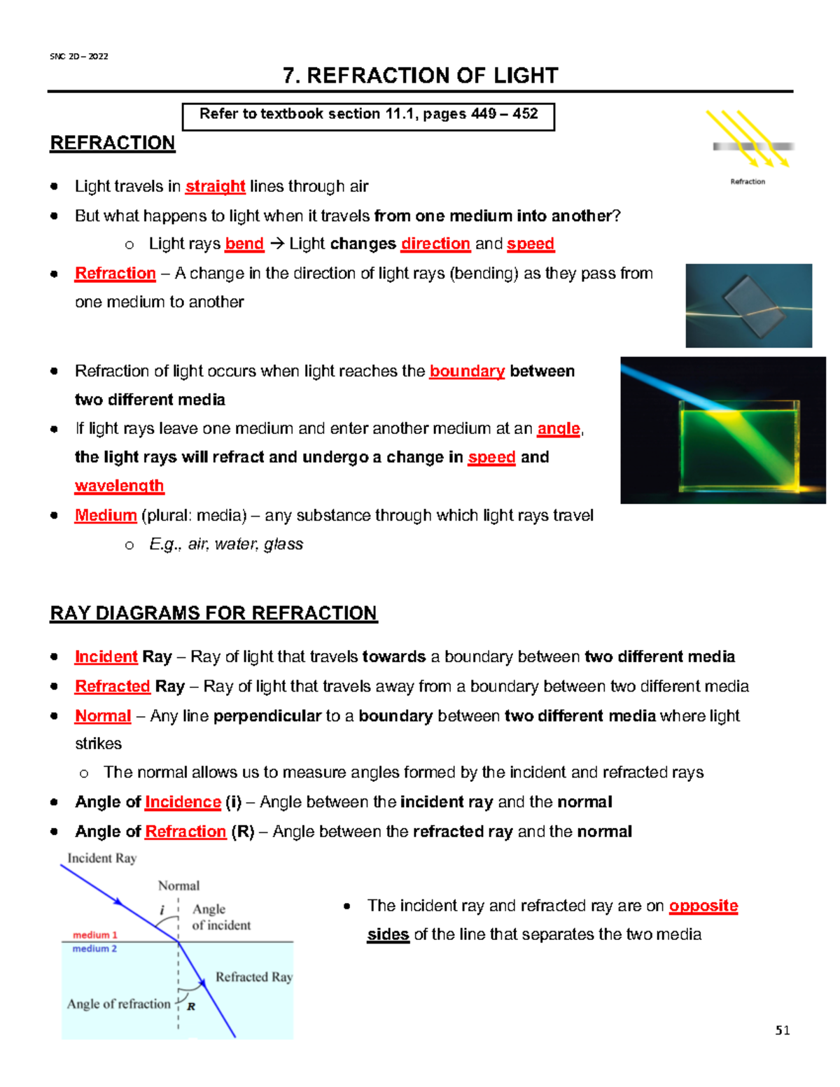 7 Refraction OF Light ( Teacher) SNC 2D 2022 51 7. REFRACTION OF