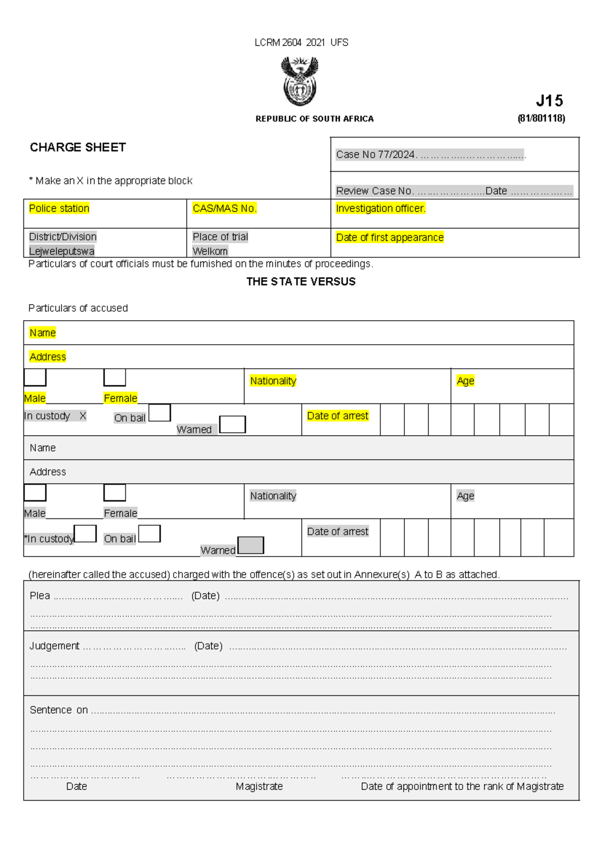 j15 form assignment - LCRM 2604 2021 UFS 1 J REPUBLIC OF SOUTH AFRICA ...