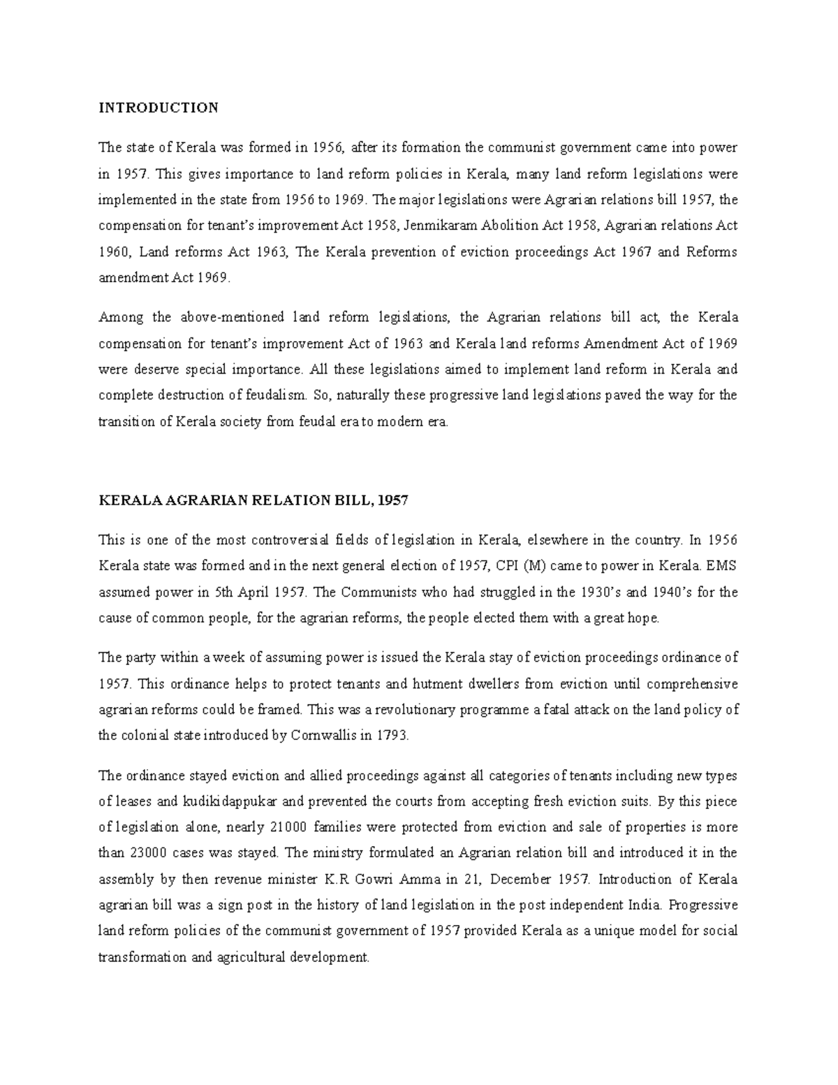 Land reform in kerala project INTRODUCTION The state of Kerala was