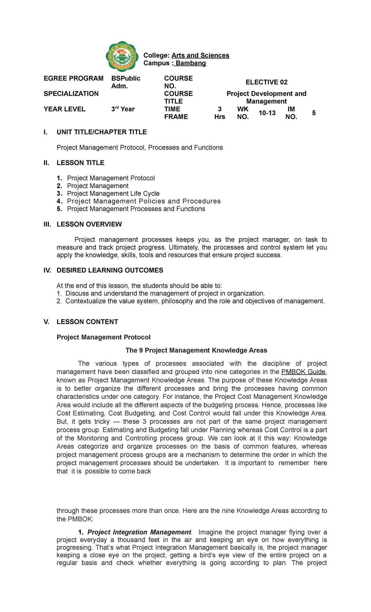 Proj.-Devt.-Mgmt.-Chapter-5.docx - College: Arts and Sciences Campus ...