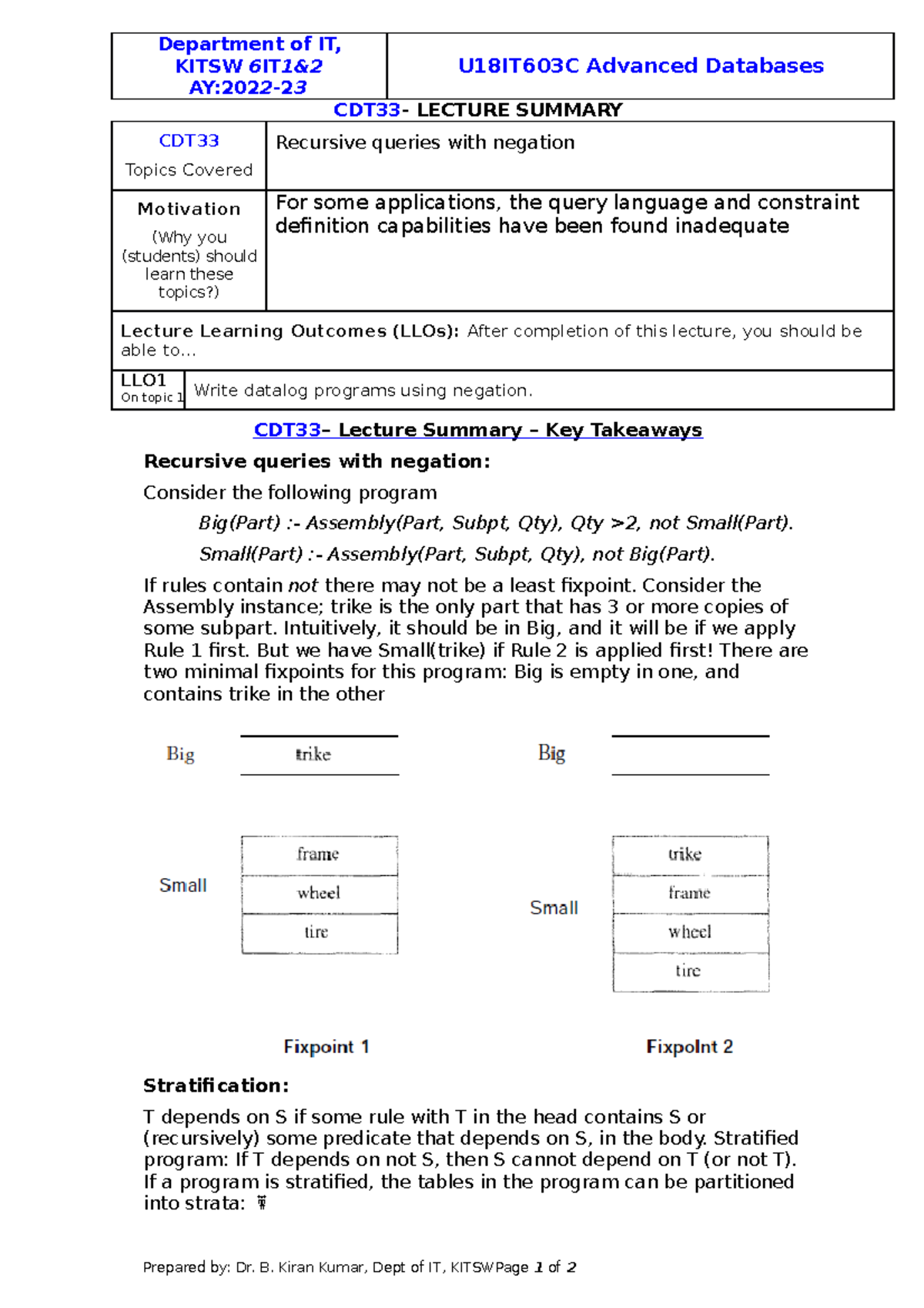 Advanced Database-9 - notes - Department of IT, KITSW 6 IT1& AY:202 2 ...