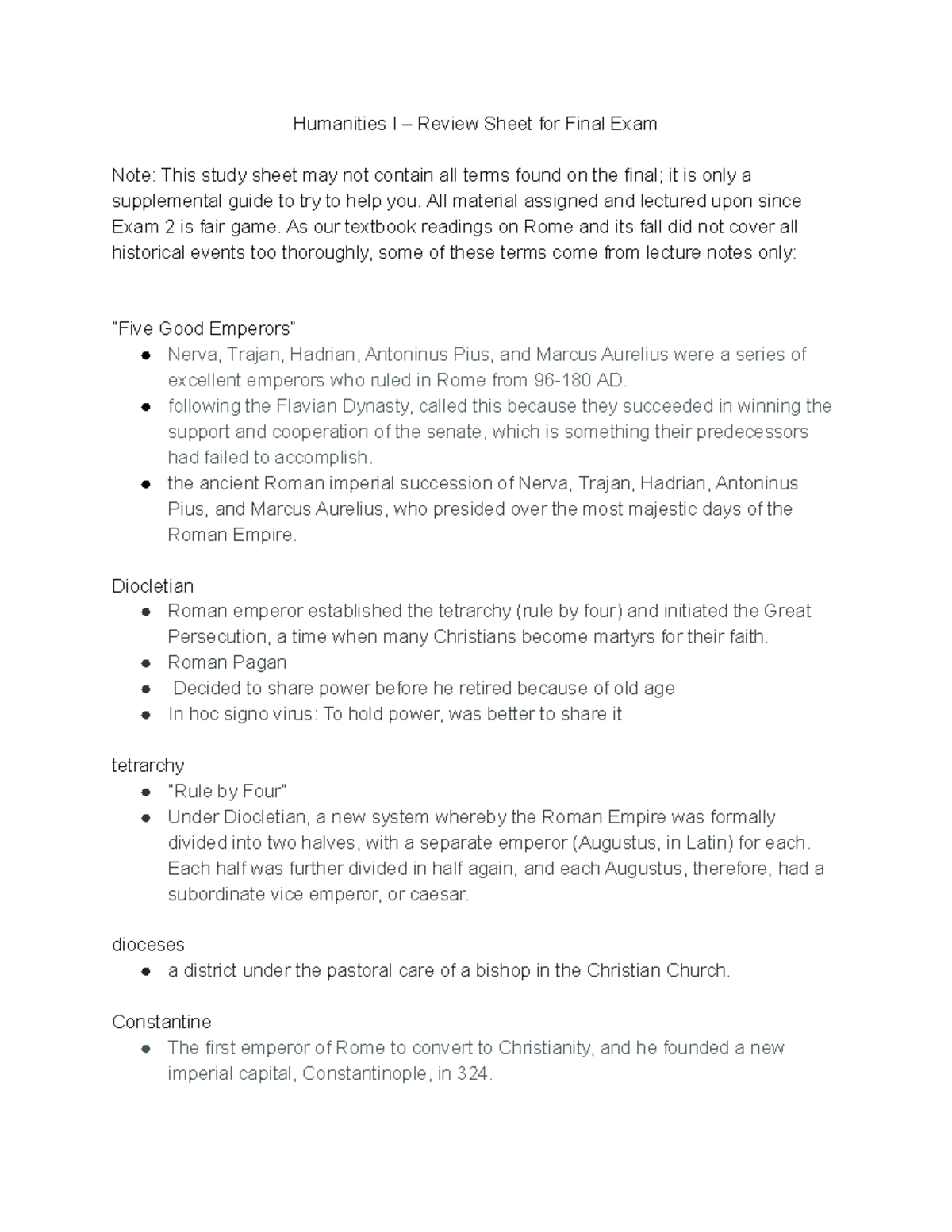 Humanities I – Review Sheet For Final Exam - All Material Assigned And ...