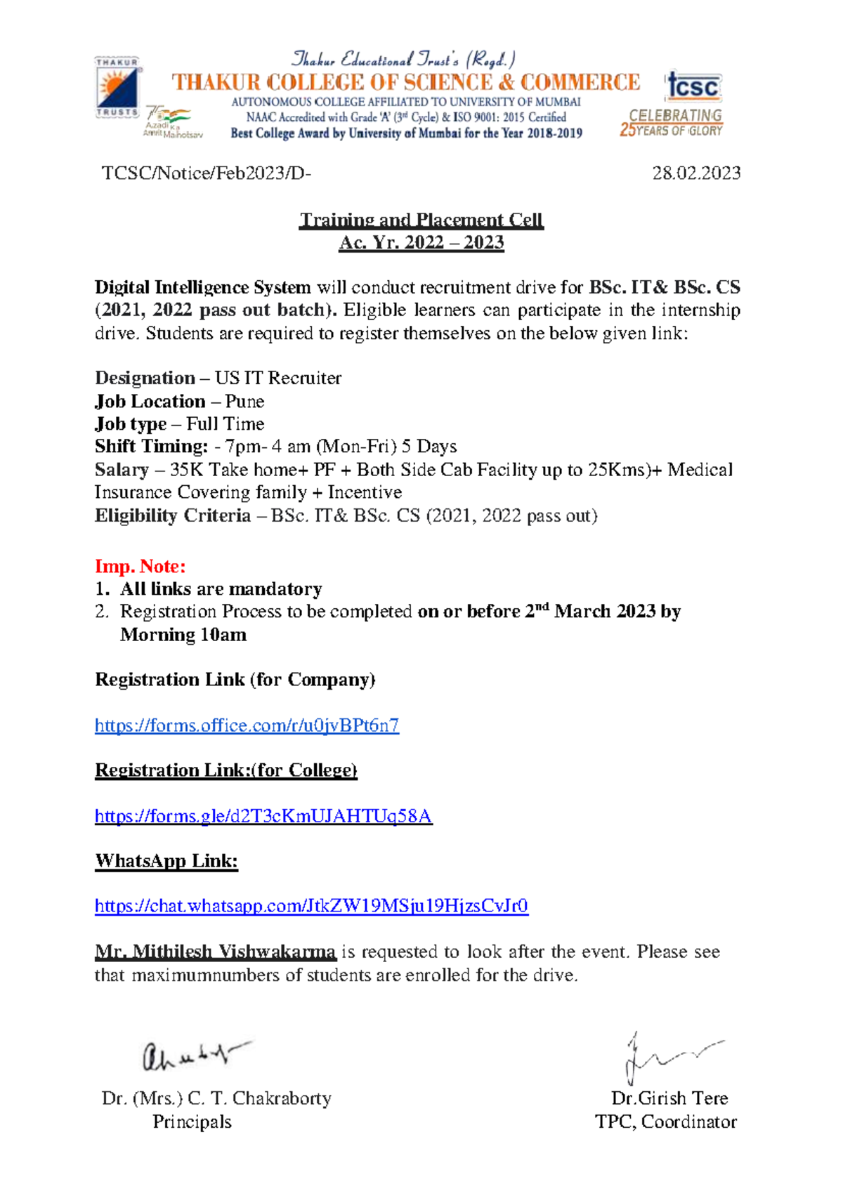 Digital Intelligence System recruitment on Feb 2023 TCSC/Notice