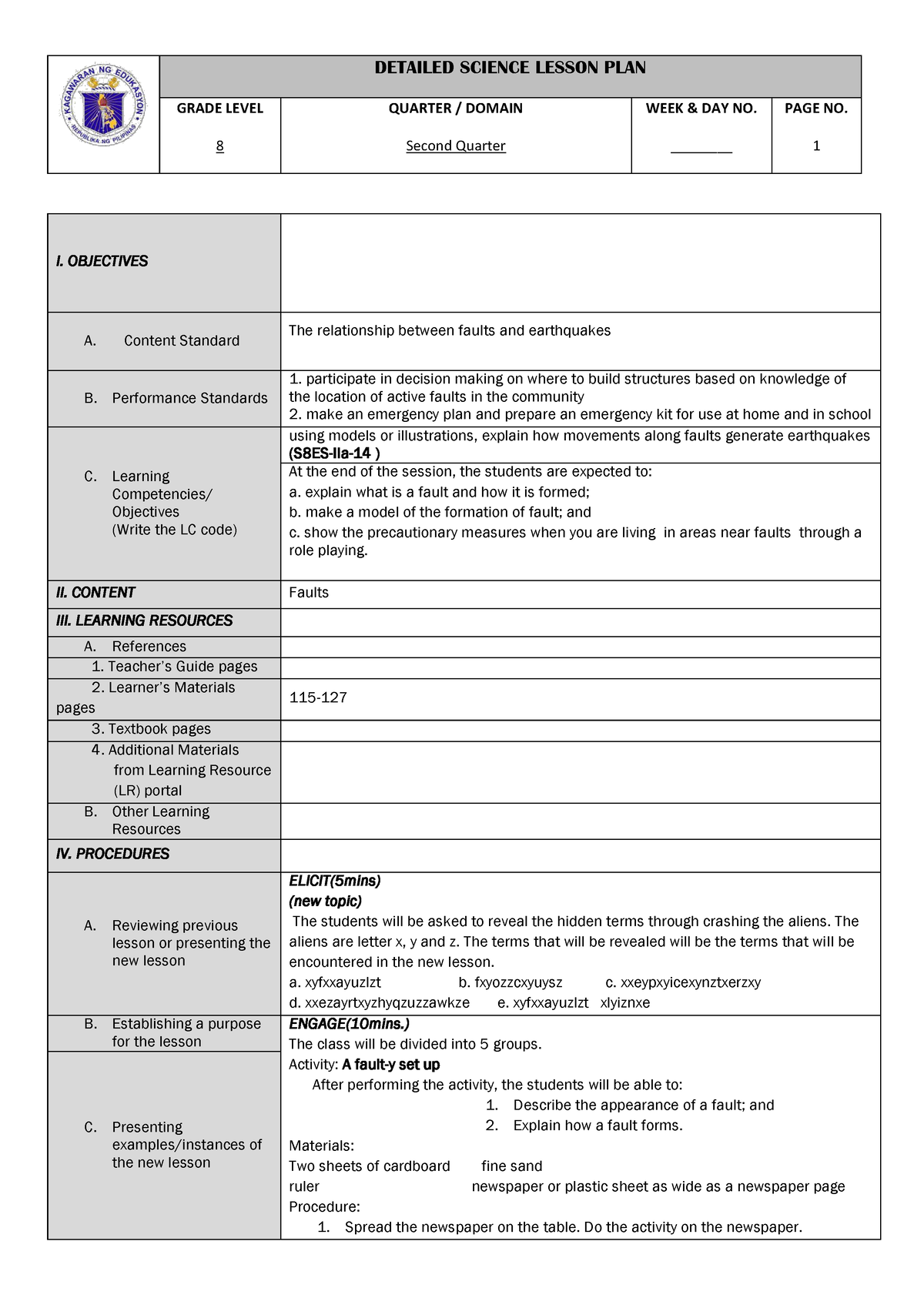 7-ex27s-lesson-plan-on-fault compress - DETAILED SCIENCE LESSON PLAN ...