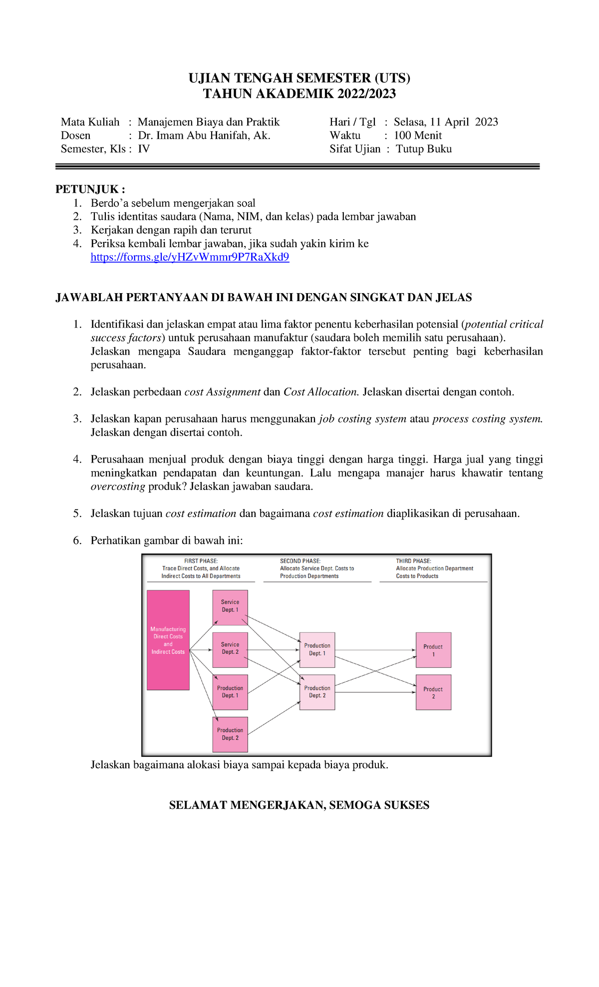 UTS MB Dan Praktik - UTS Manajemen Biaya - UJIAN TENGAH SEMESTER (UTS ...