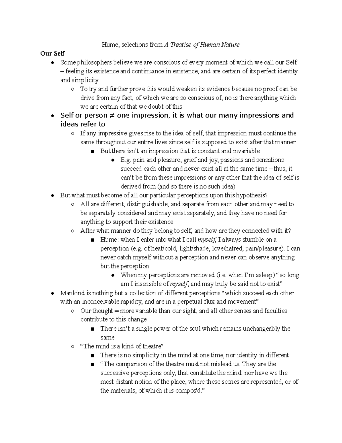 W9 Hume, selections from A Treatise of Human Nature Hume, selections