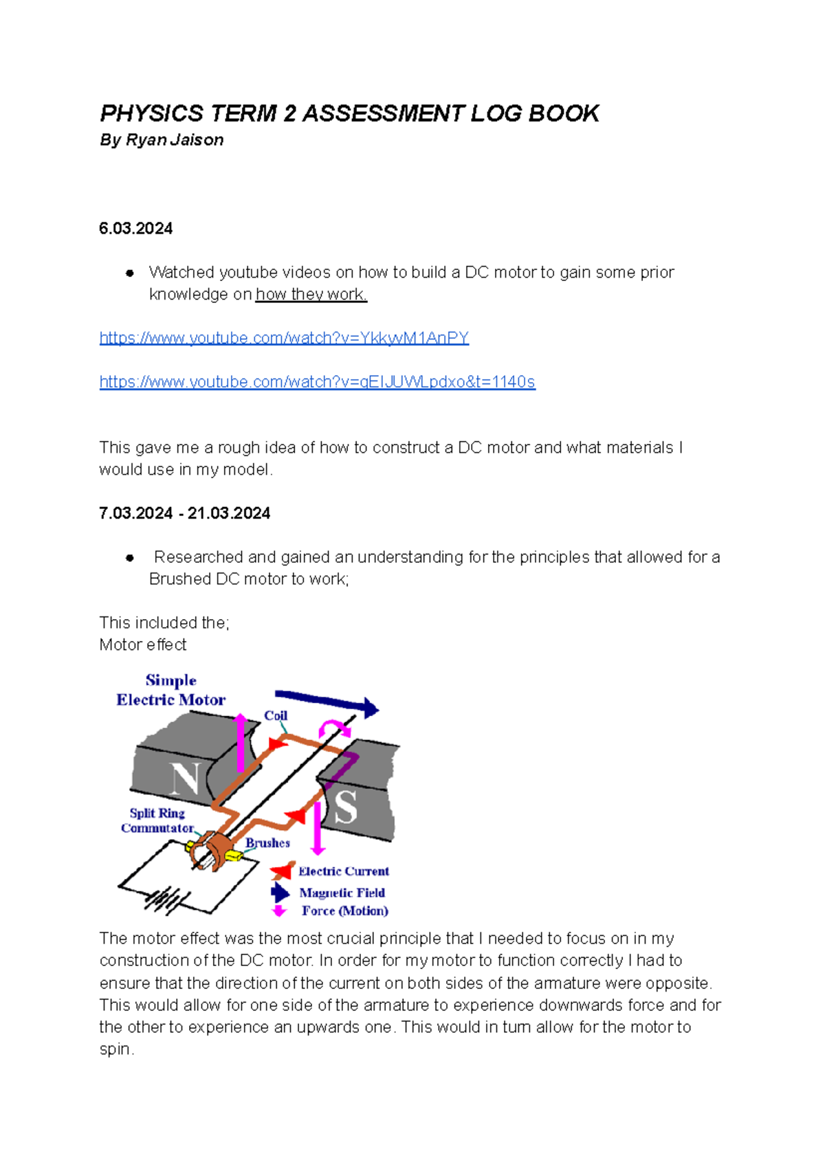 DC motor Physics Log Book - PHYSICS TERM 2 ASSESSMENT LOG BOOK By Ryan ...