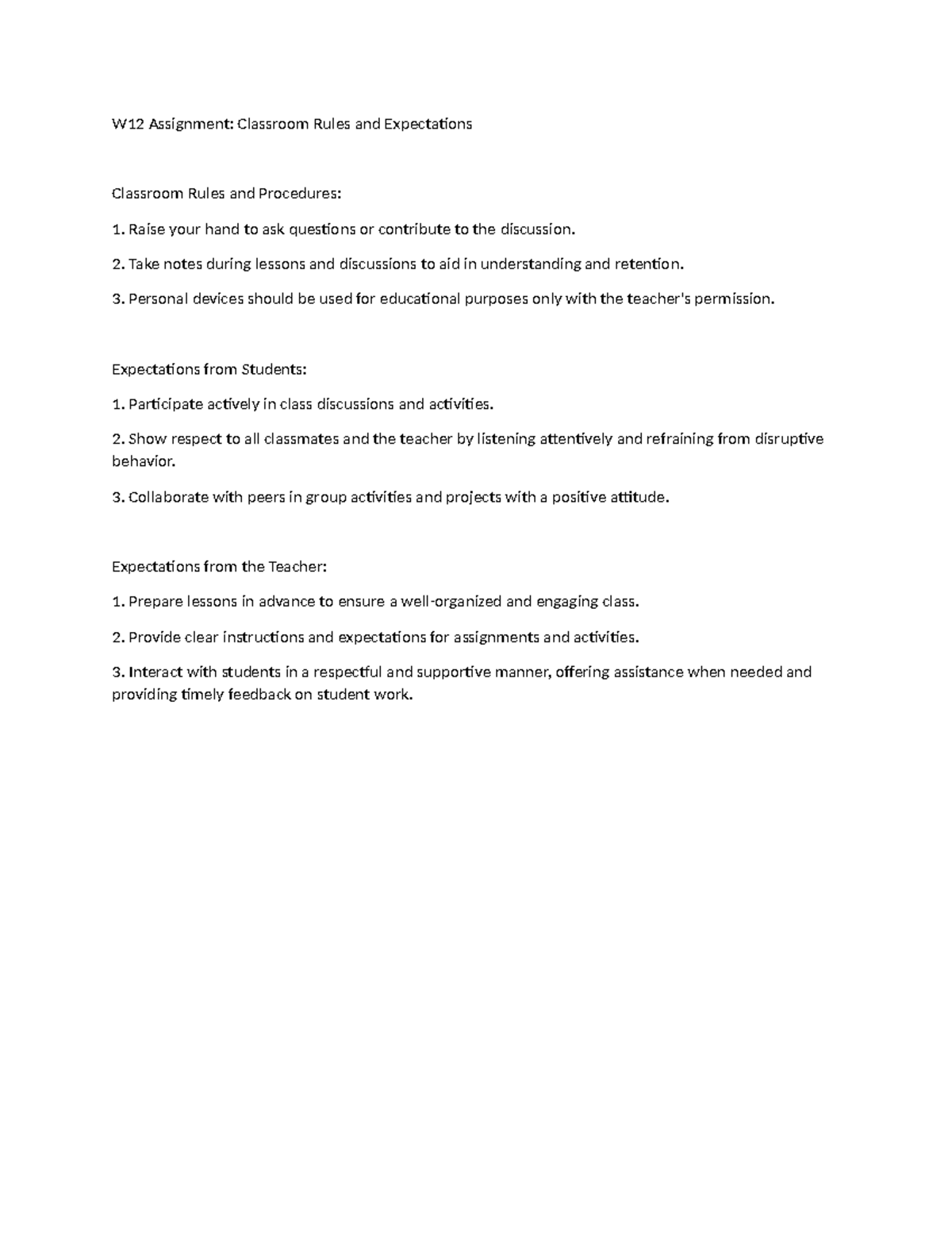 W12 Assignment Classroom Rules and Expectations - W12 Assignment ...