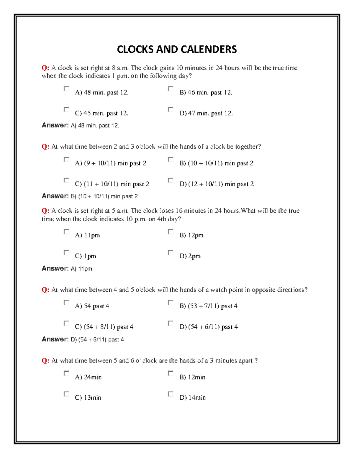 Clocks AND Calenders Sdd CLOCKS AND CALENDERS Q A clock is set