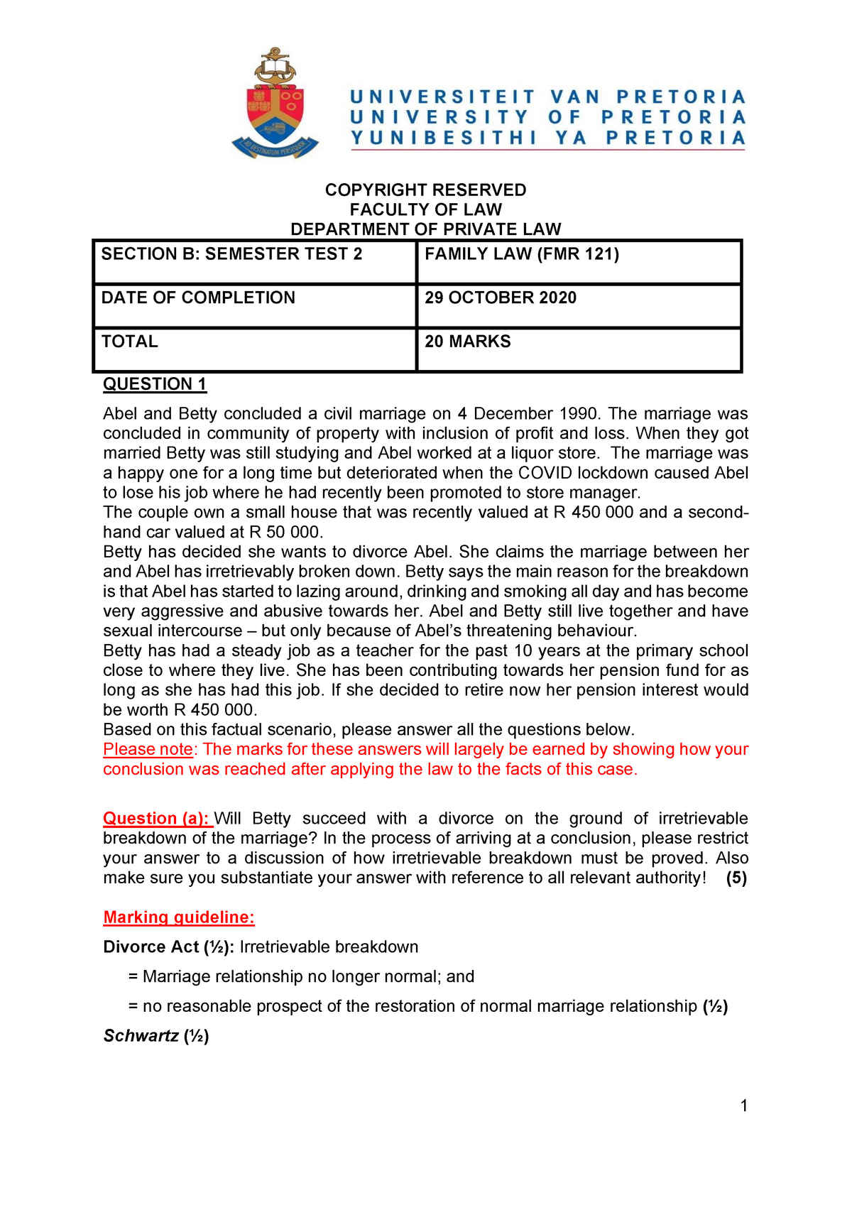 Section B Semester TEST 2 Questions Plus Marking Guidelines And ...