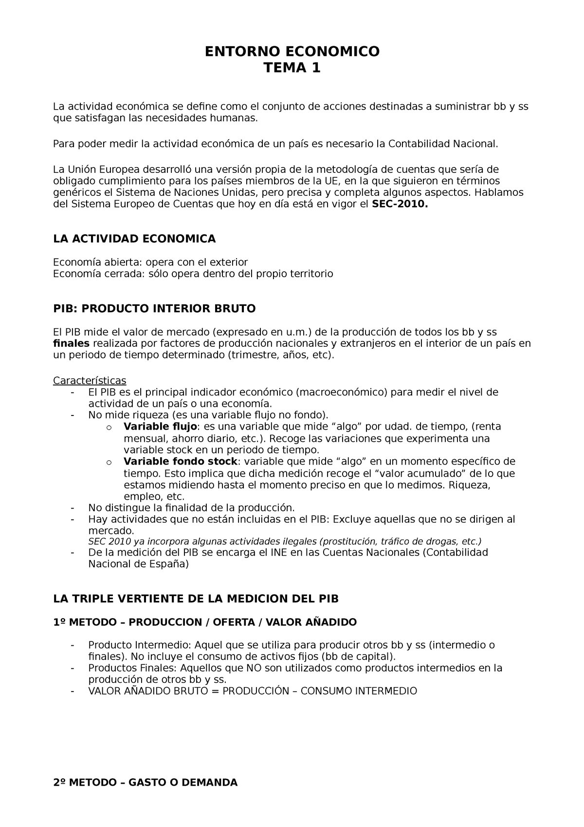 Tema 1 Apuntes 1 1 Entorno Economico Tema 1 La Actividad Económica Se Define Como El 6534