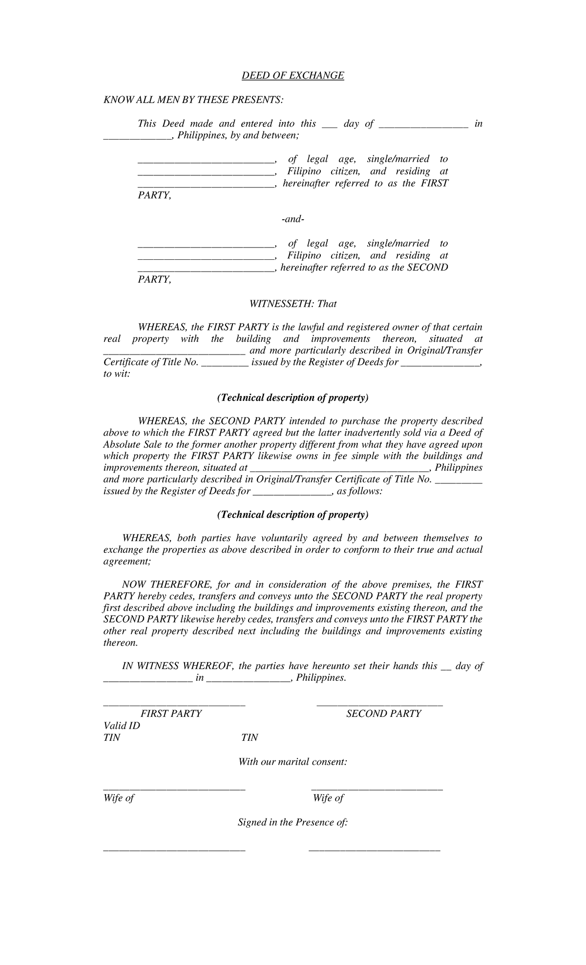 sample Deed of Exchange sample template DEED OF EXCHANGE KNOW ALL MEN