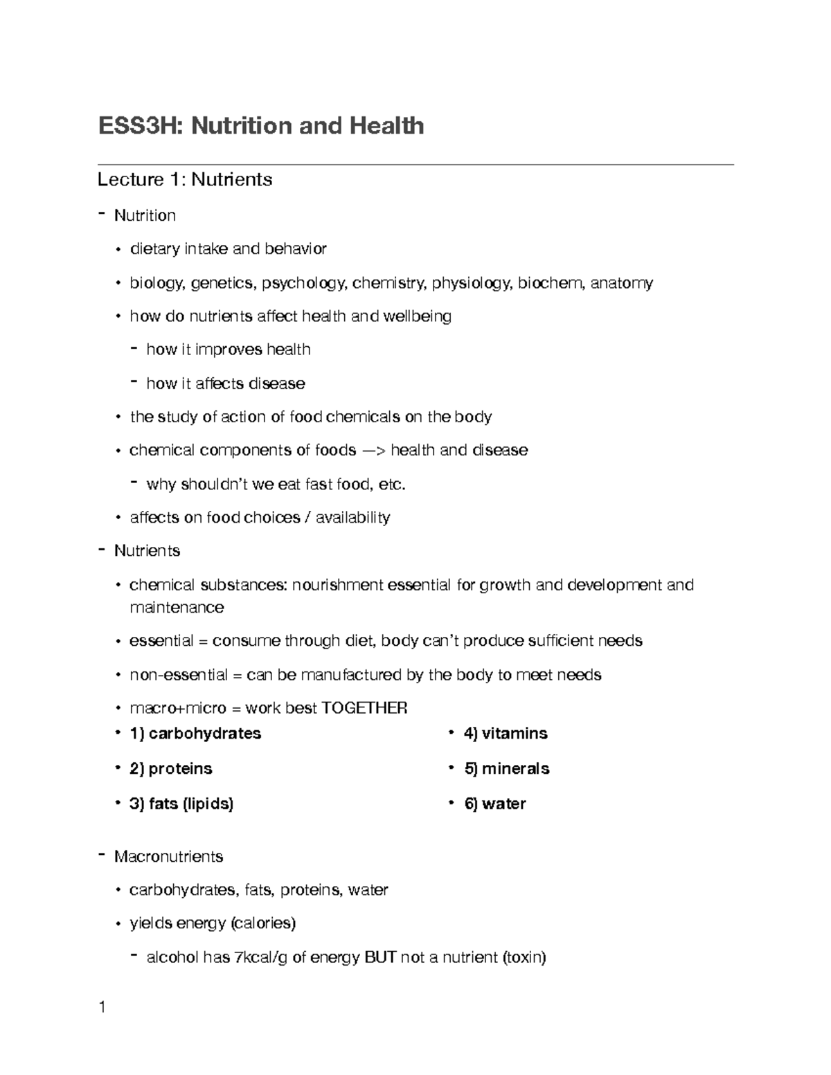 ESS3H Lecture Notes - ESS3H: Nutrition and Health Lecture 1: Nutrients ...