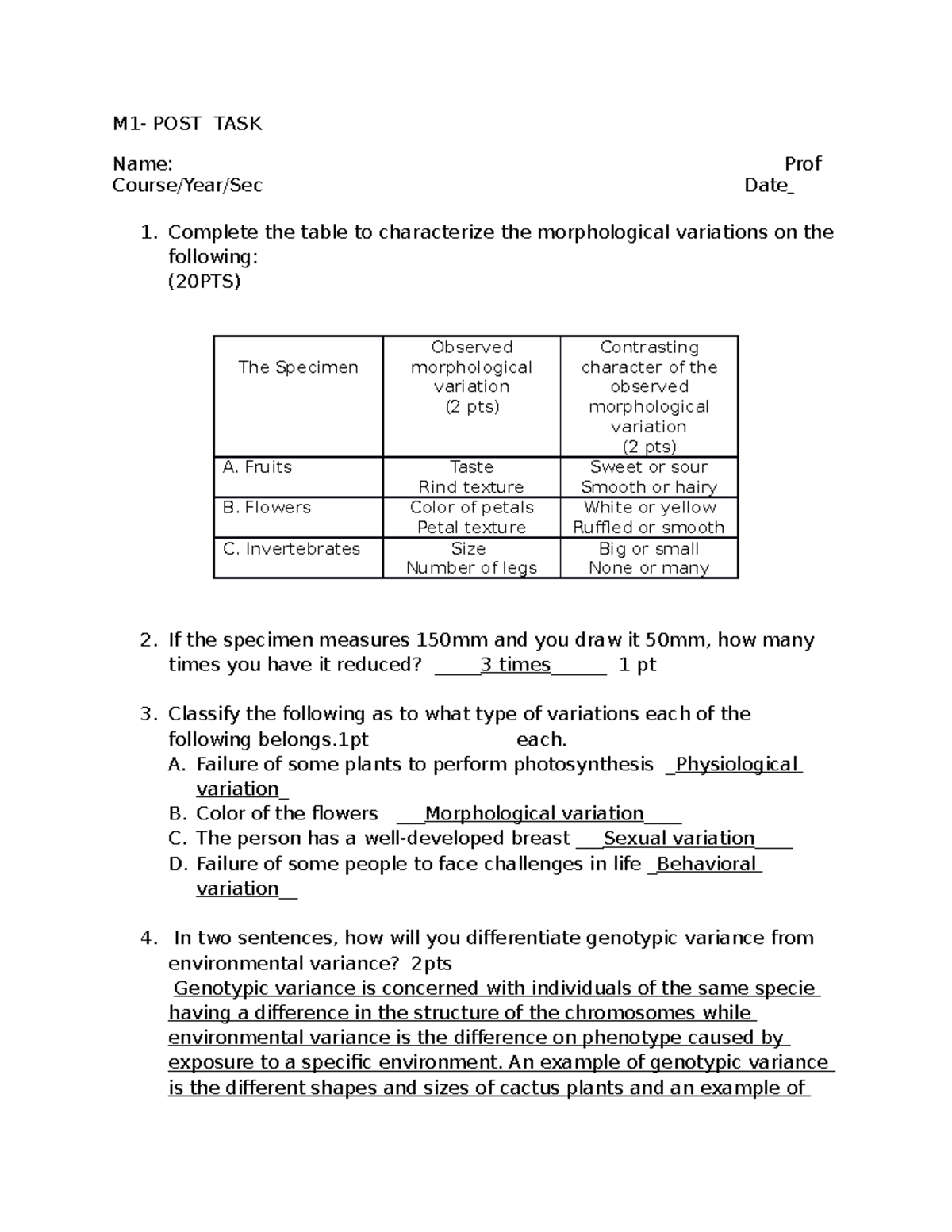 M1 POST TASK1 1. Complete the table to characterize the morphological variations on the