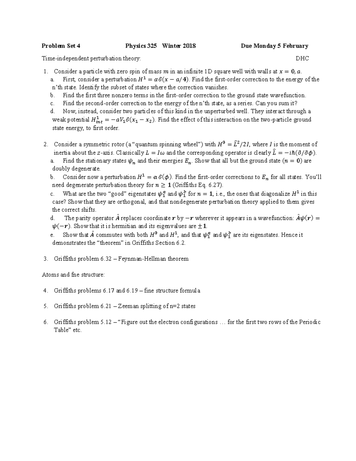 HW4 Phys 325 Wi 2018 - Problem Set 4 Physics 325 Winter 2018 Due Monday ...