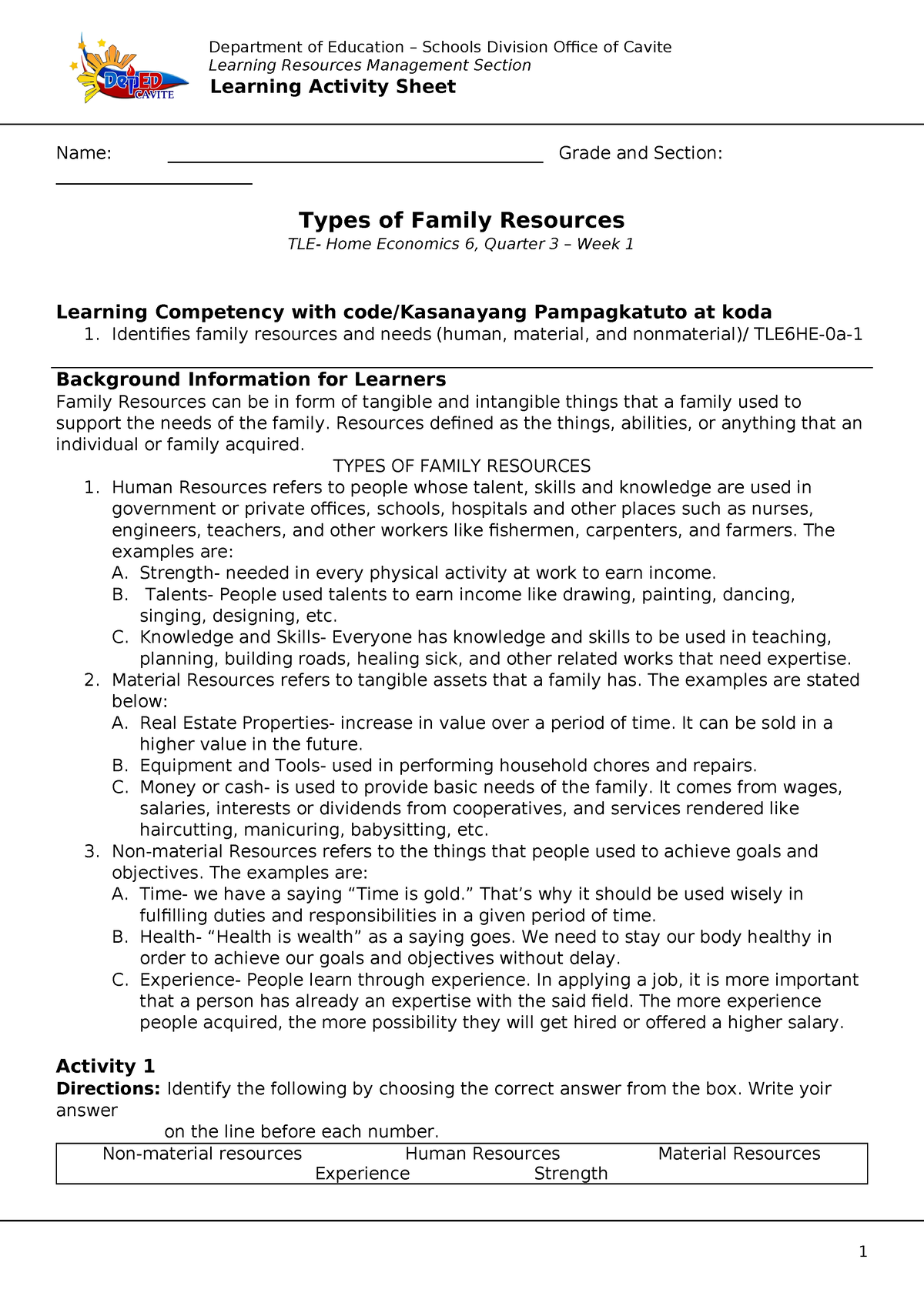 LAS-TLE 6-Types Of Family Resources - Department Of Education – Schools ...