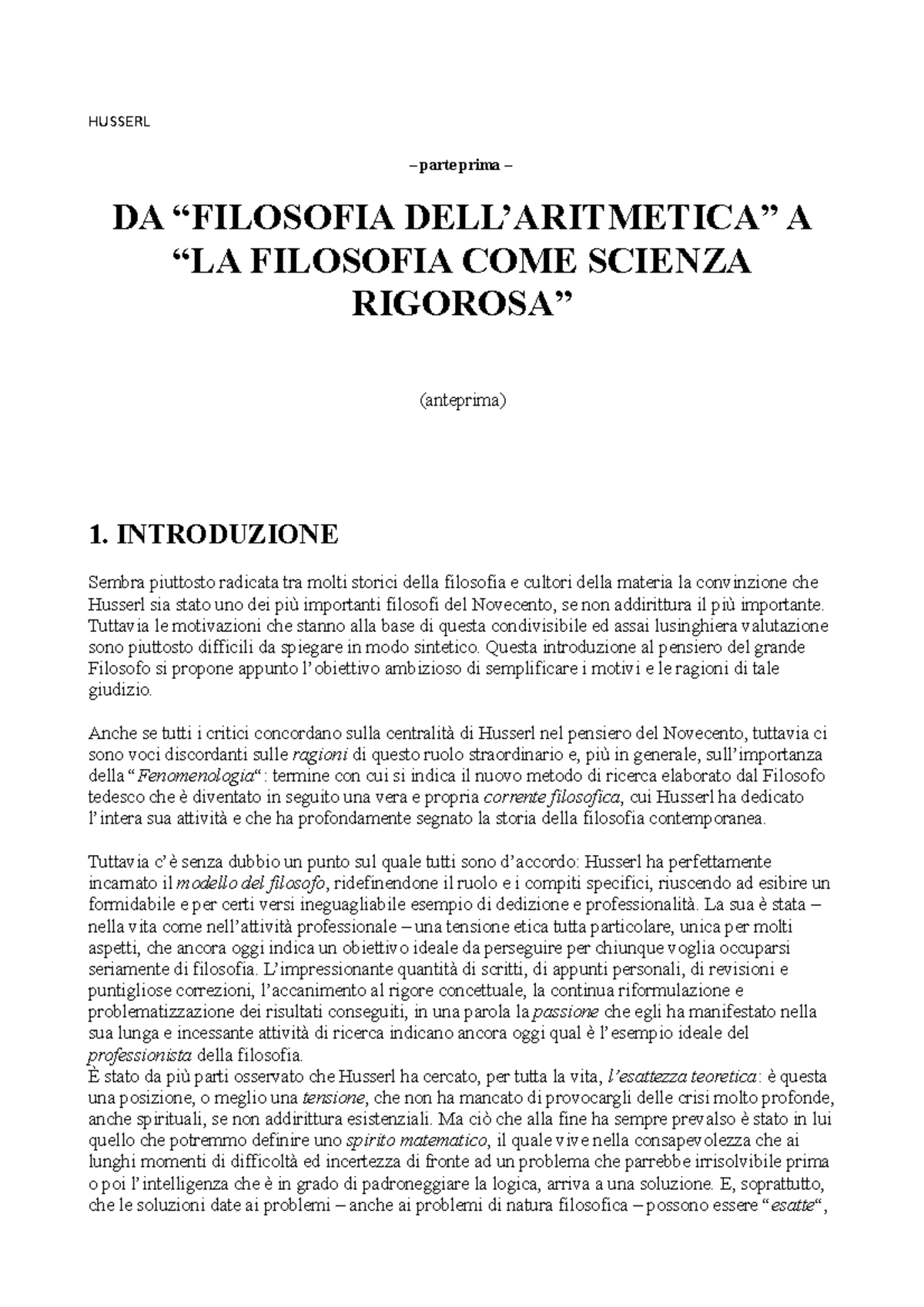 Husserl 1 HUSSERL parte prima DA “FILOSOFIA DELL’ARITMETICA” A