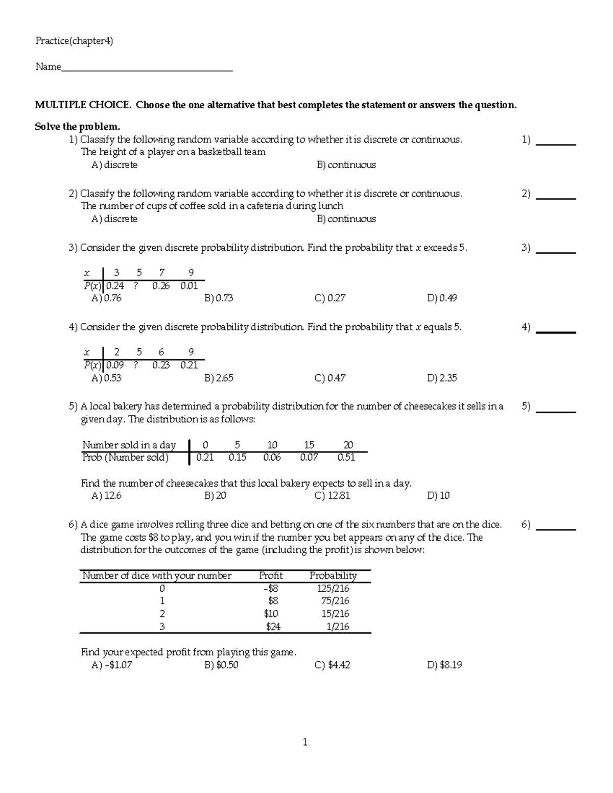 Poisson distribution mcq - Practice(chapter4) Name ...