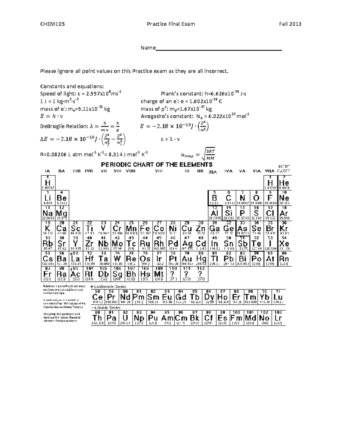 CHEM105 Practice Final Exam Questions - Name Please Ignore All Point ...