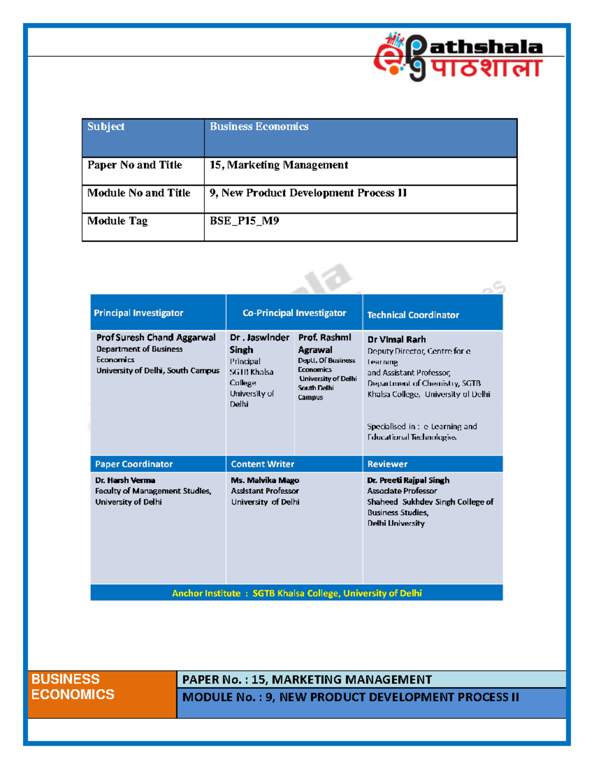 New Product Development Process II. - BUSINESS ECONOMICS PAPER No. : 15 ...