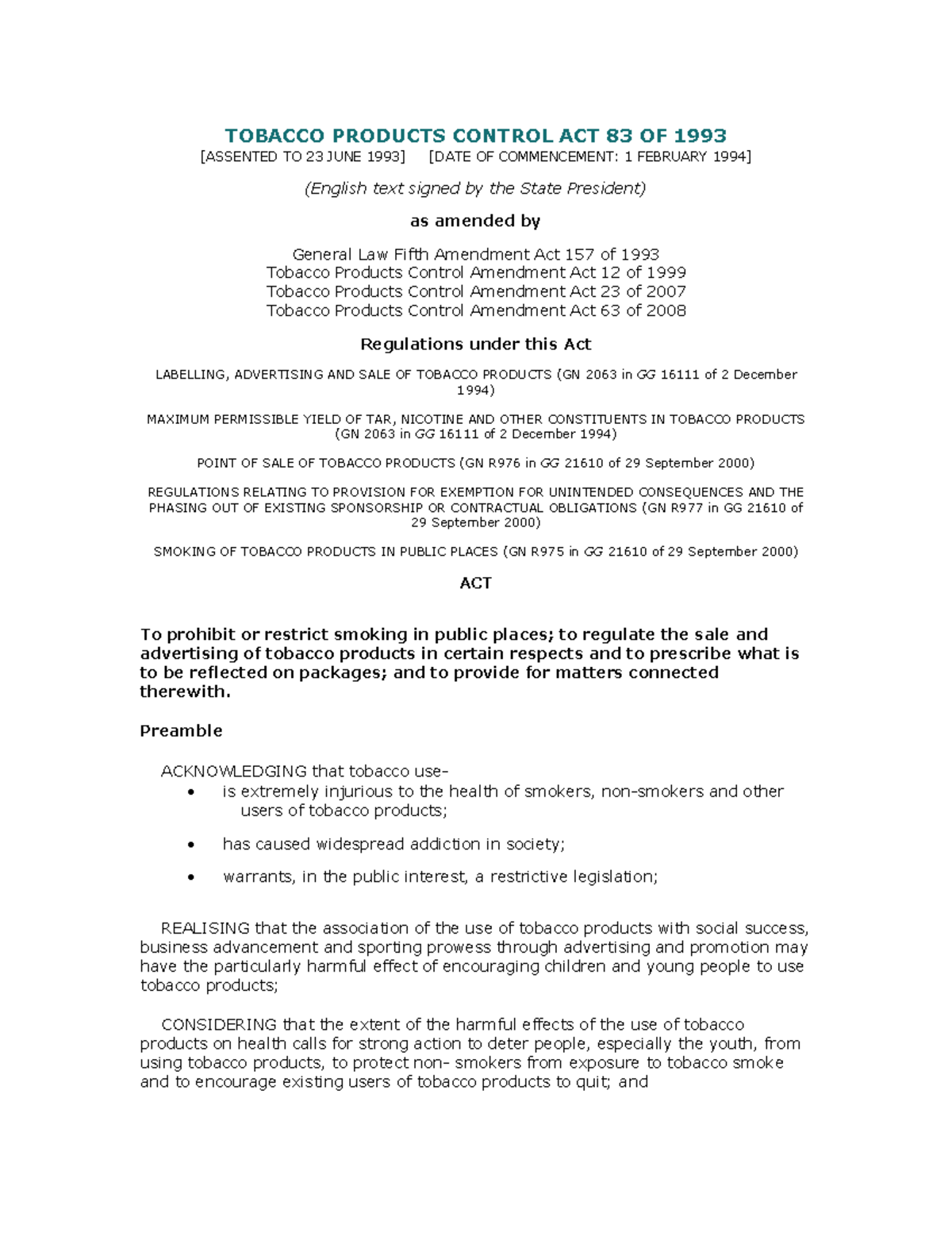 South Africa Tobacco Products Control Act amended 2008 EN TOBACCO