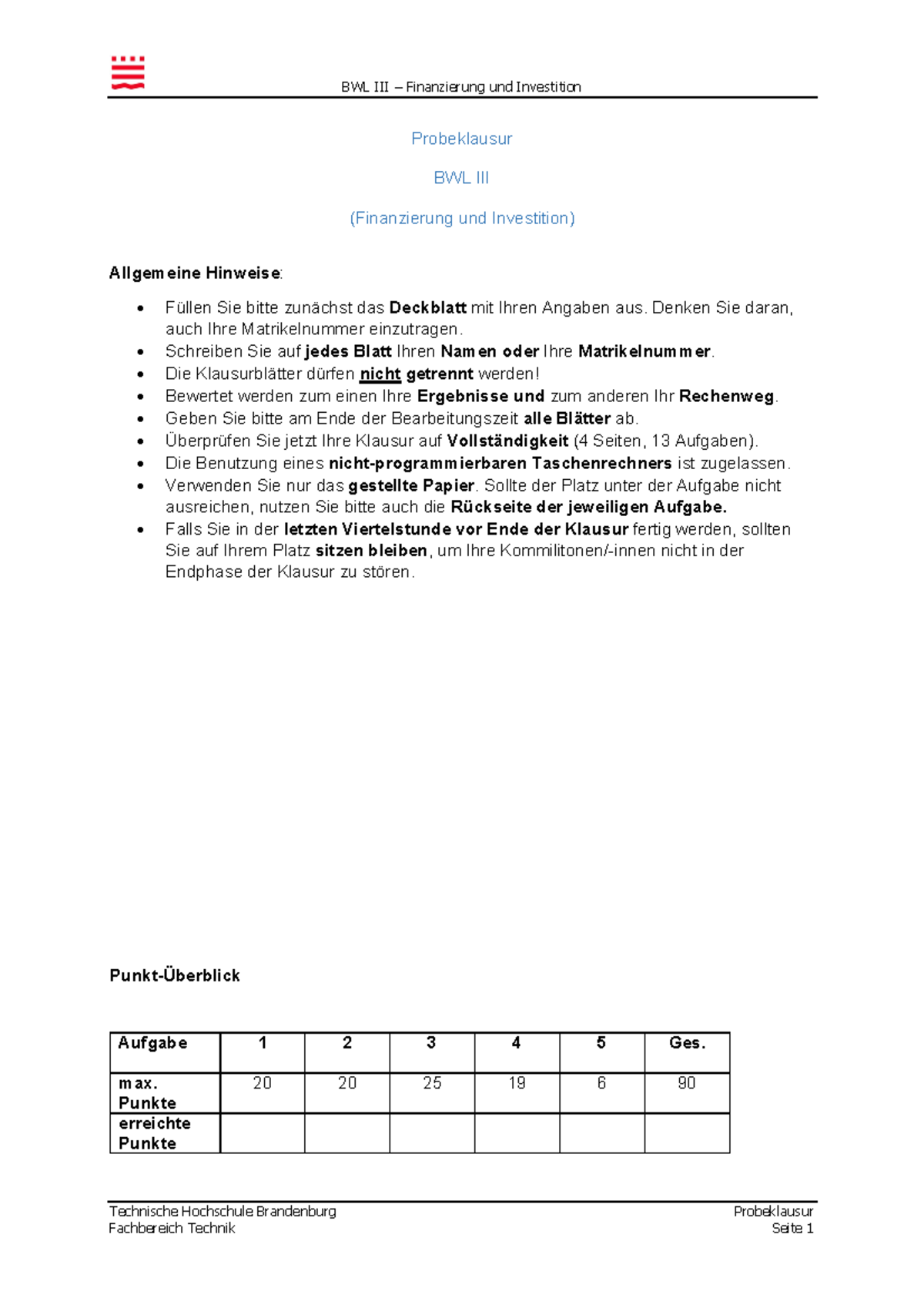 THB FI Probeklausur - Technische Hochschule Brandenburg Probeklausur ...