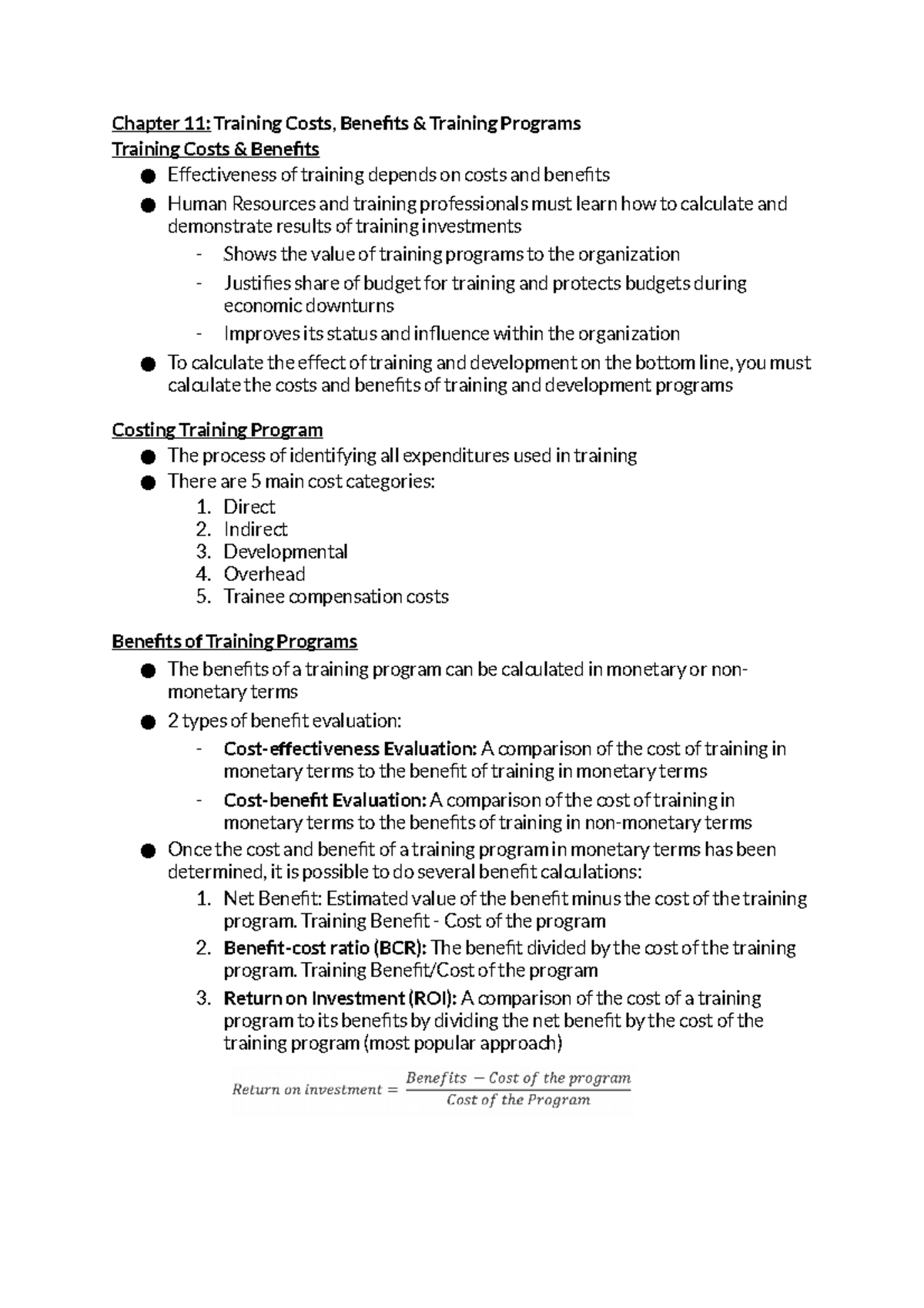 Training - Chapter 11 - HRM 3410 NOTES - Chapter 11: Training Costs ...
