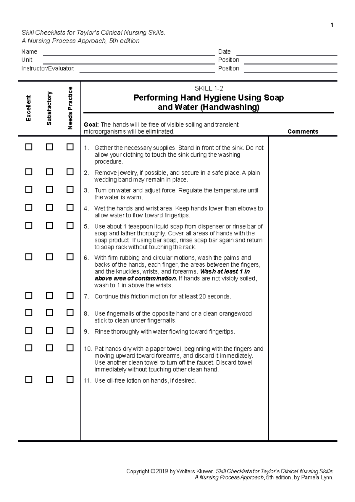 Skill 1 2 1 Skill Checklists For Taylors Clinical Nursing Skills A Nursing Process Approach 4194