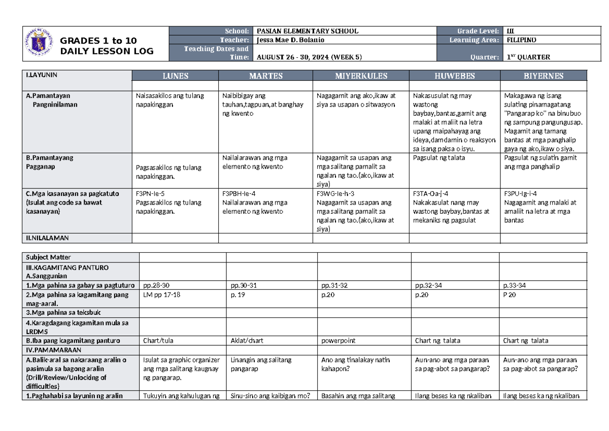 DLL Filipino 3 Q1 W5 - DLL - GRADES 1 to 10 DAILY LESSON LOG School ...
