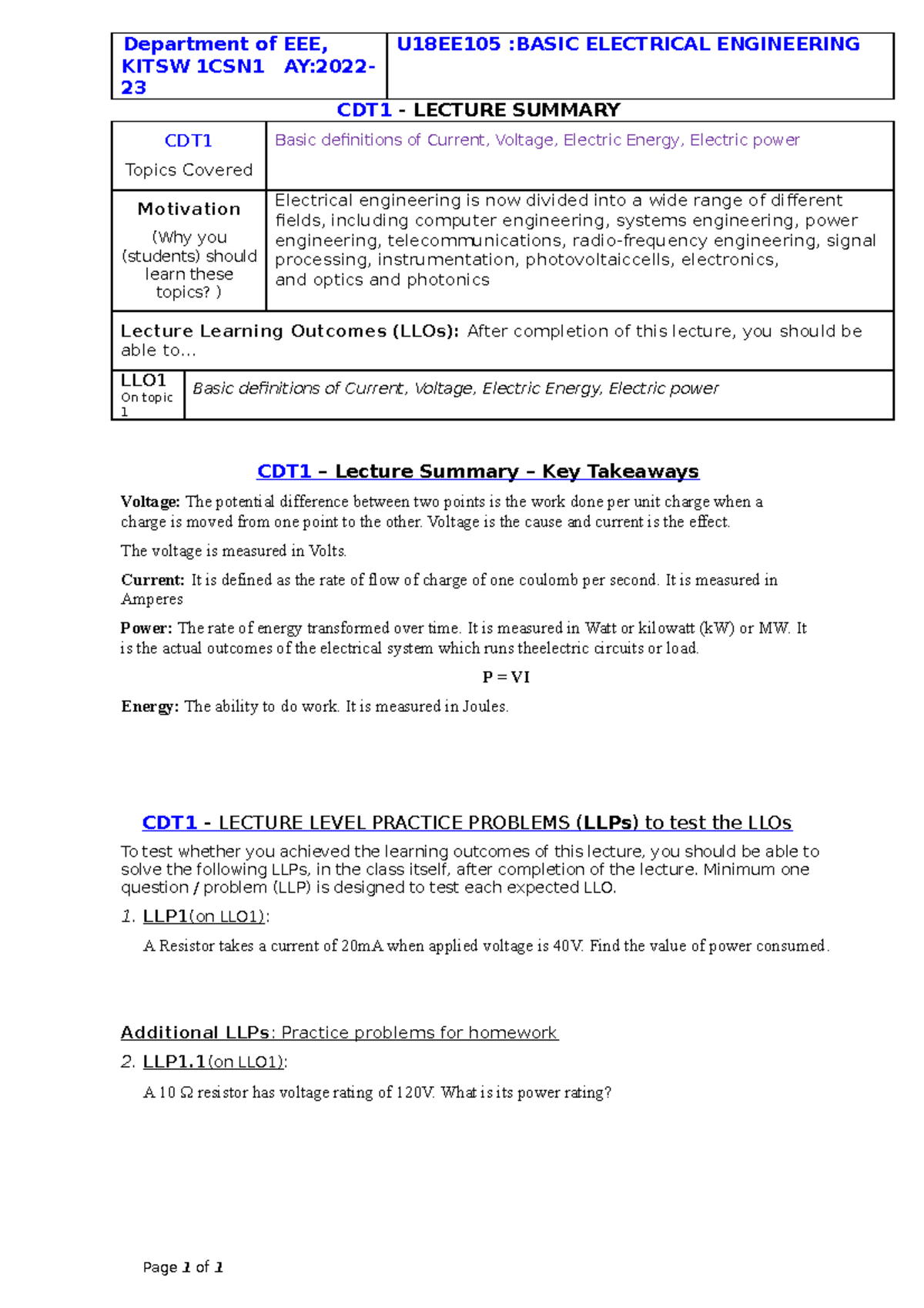 BEE CDT1 Summary - Basic definitions of Current, Voltage, Electric ...