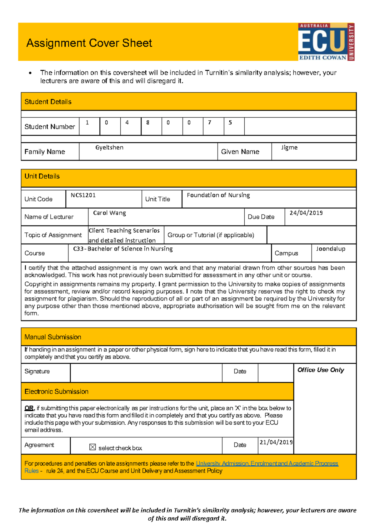 Client Teaching - Assignment Cover Sheet • The information on this ...
