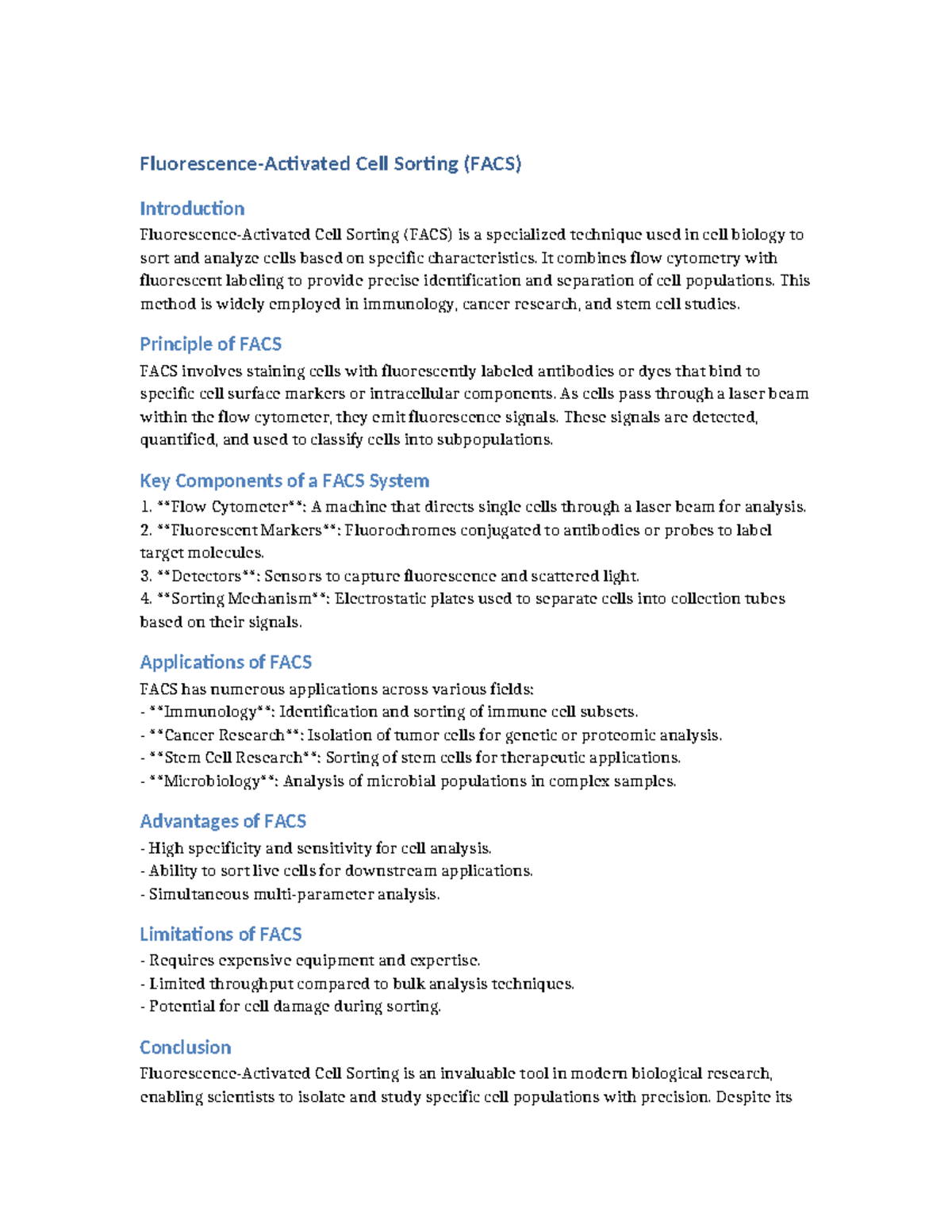 FACS Overview - notes - Fluorescence-Activated Cell Sorting (FACS ...