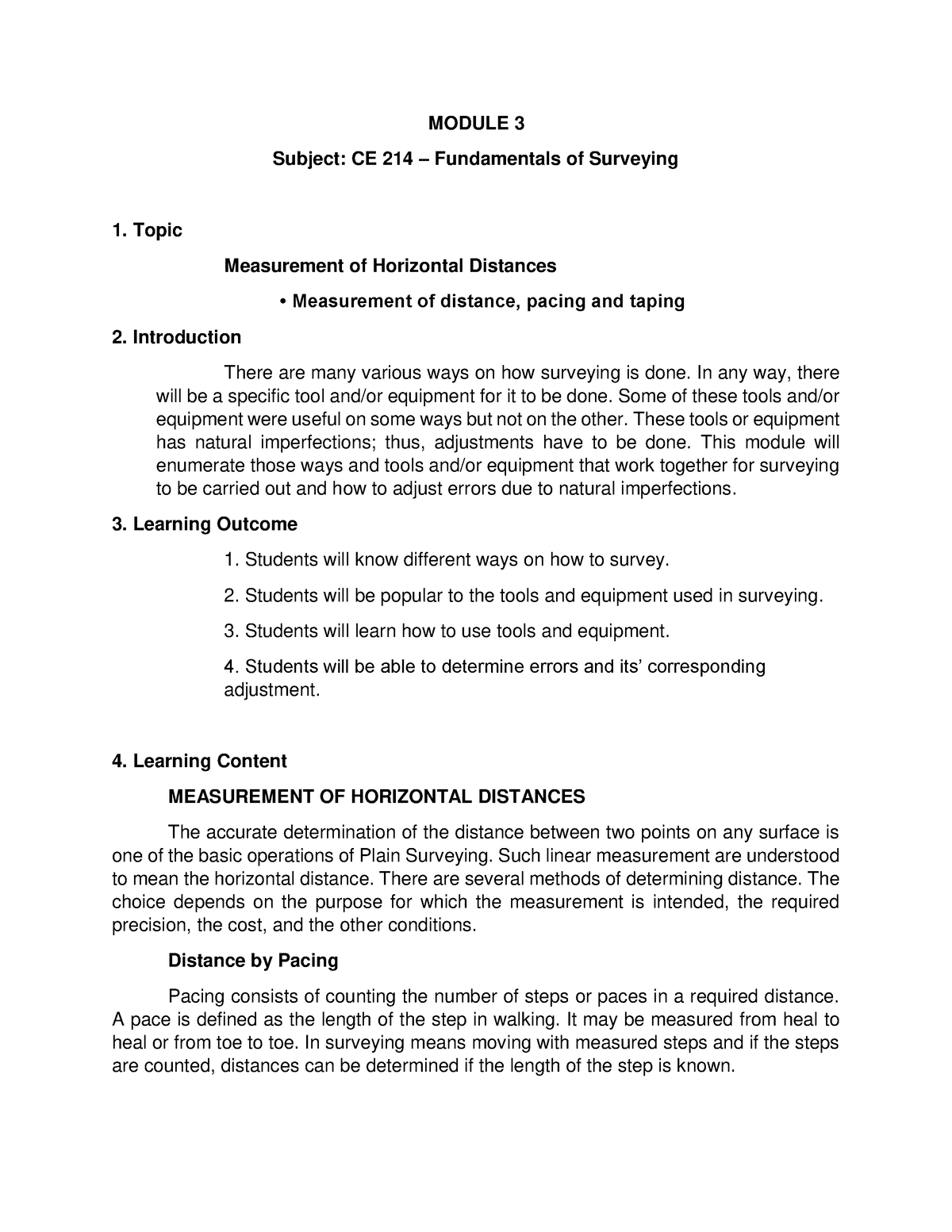 Module 3 CE 214 Fundamentals of Surveying - MODULE 3 Subject: CE 214 ...