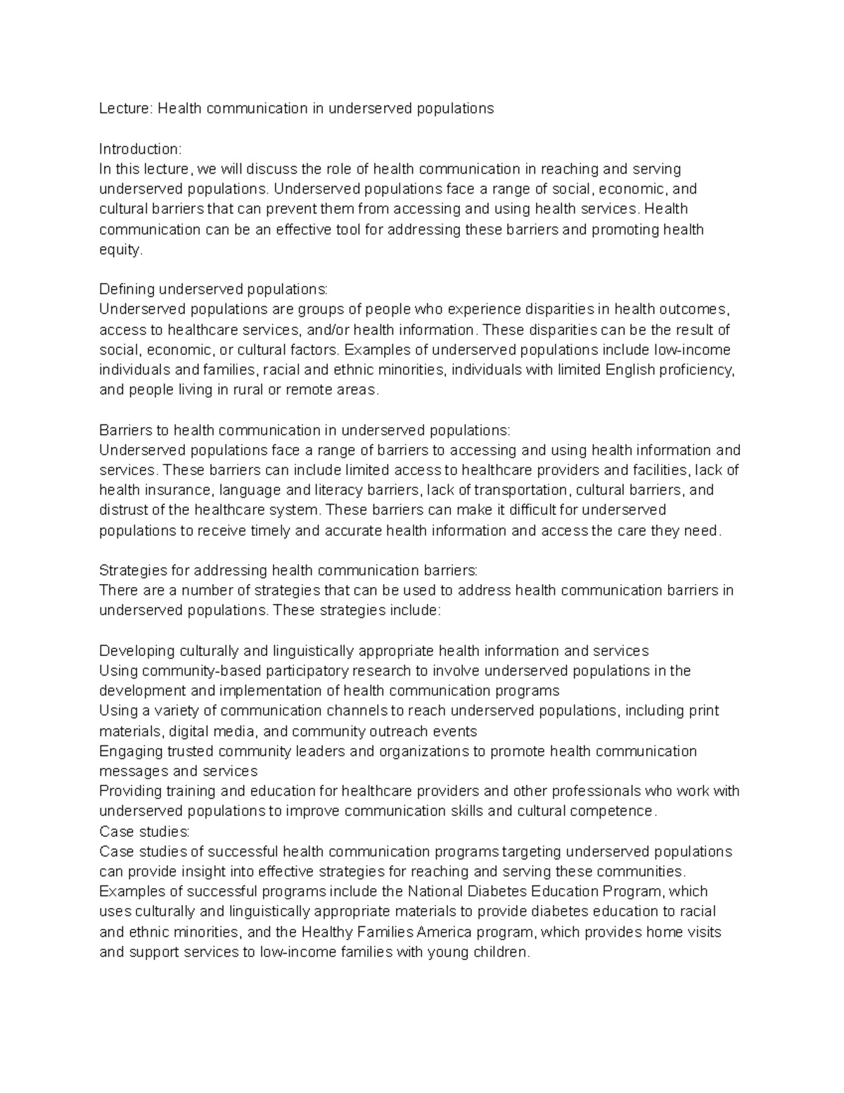 Health Communications (HLE2410) Lecture 26 Health communication in