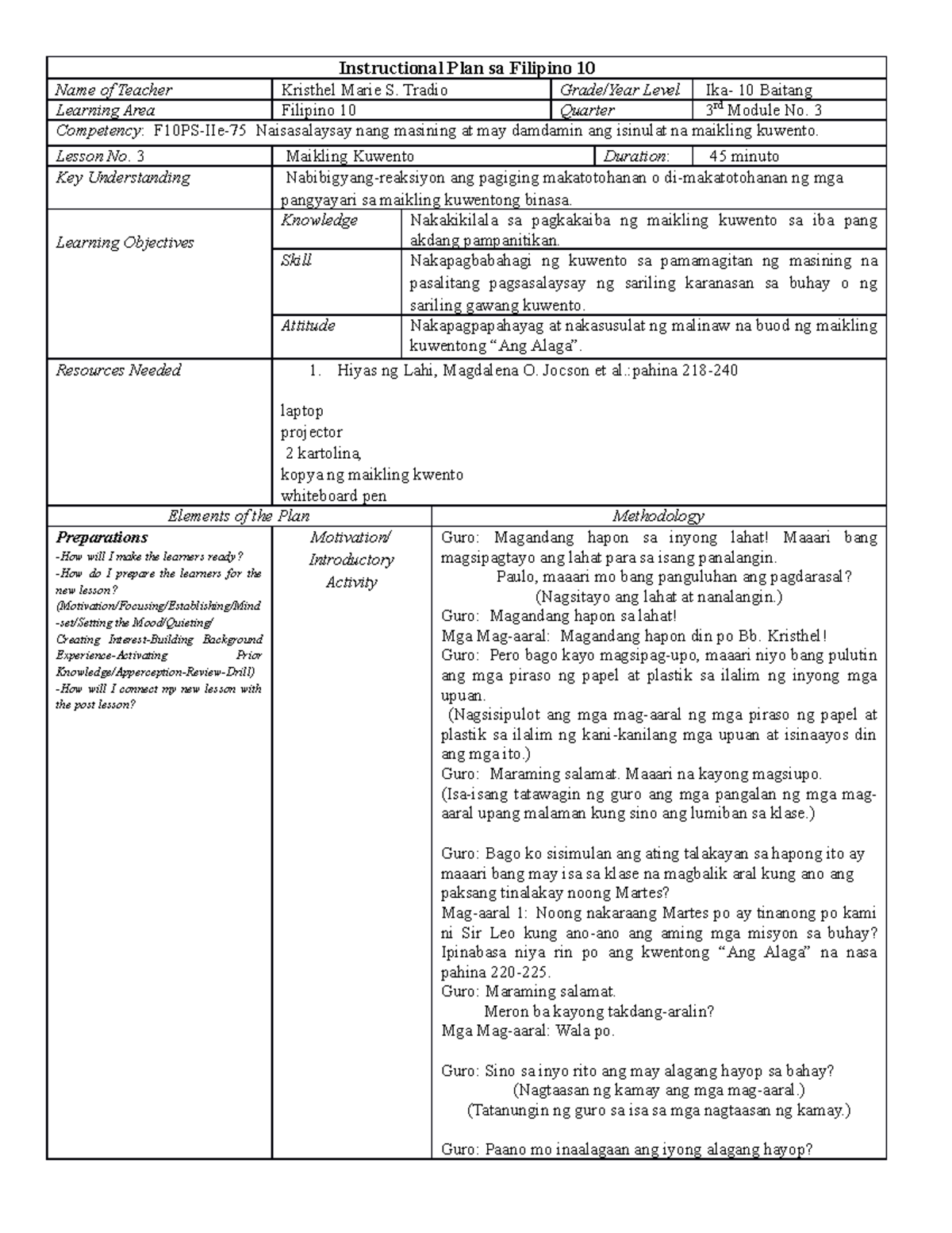 Instructional Plan Sa Filipino 10 - Tradio Grade/Year Level Ika- 10 ...